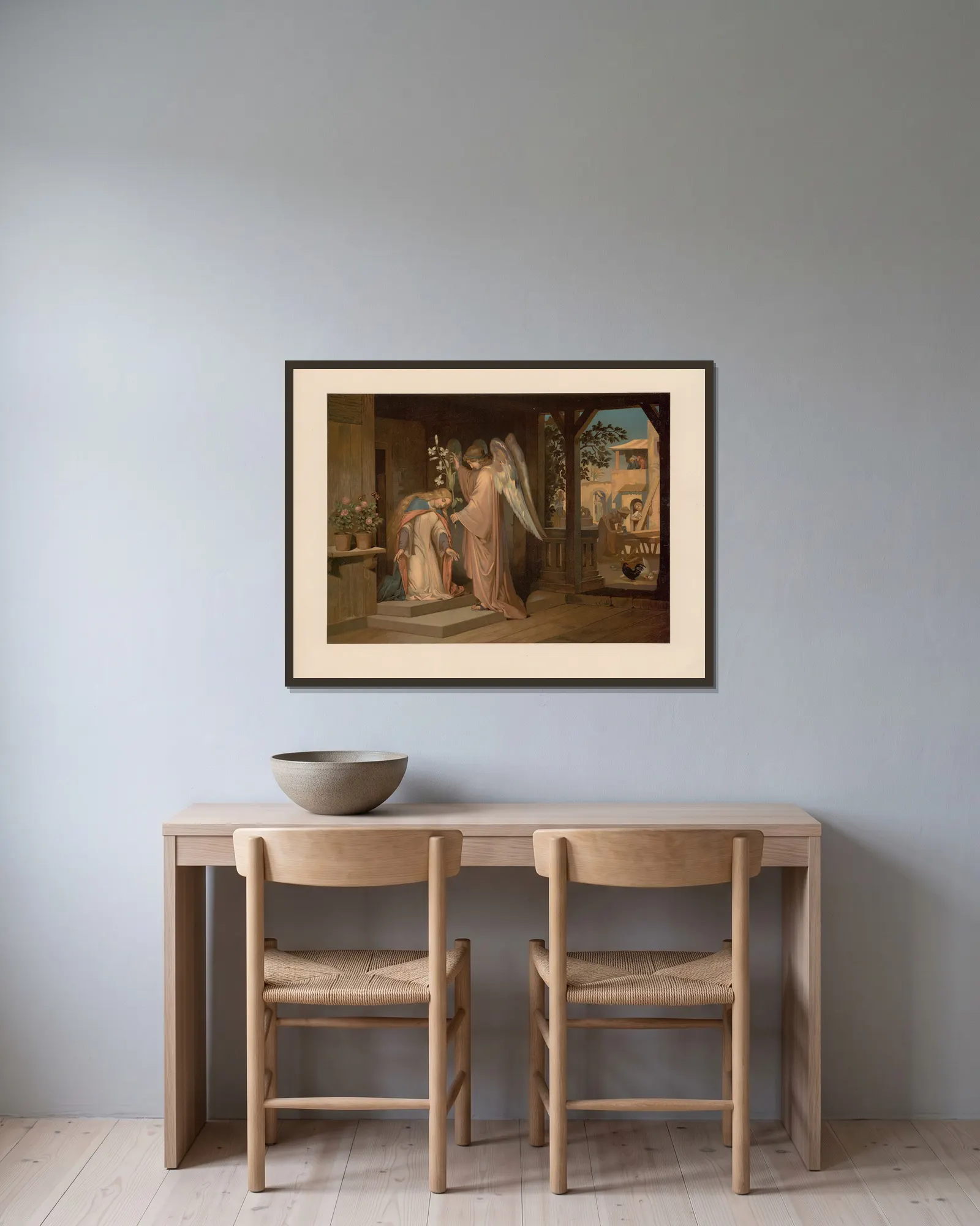 Annunciation av Ernst Pessler inramad på en vägg