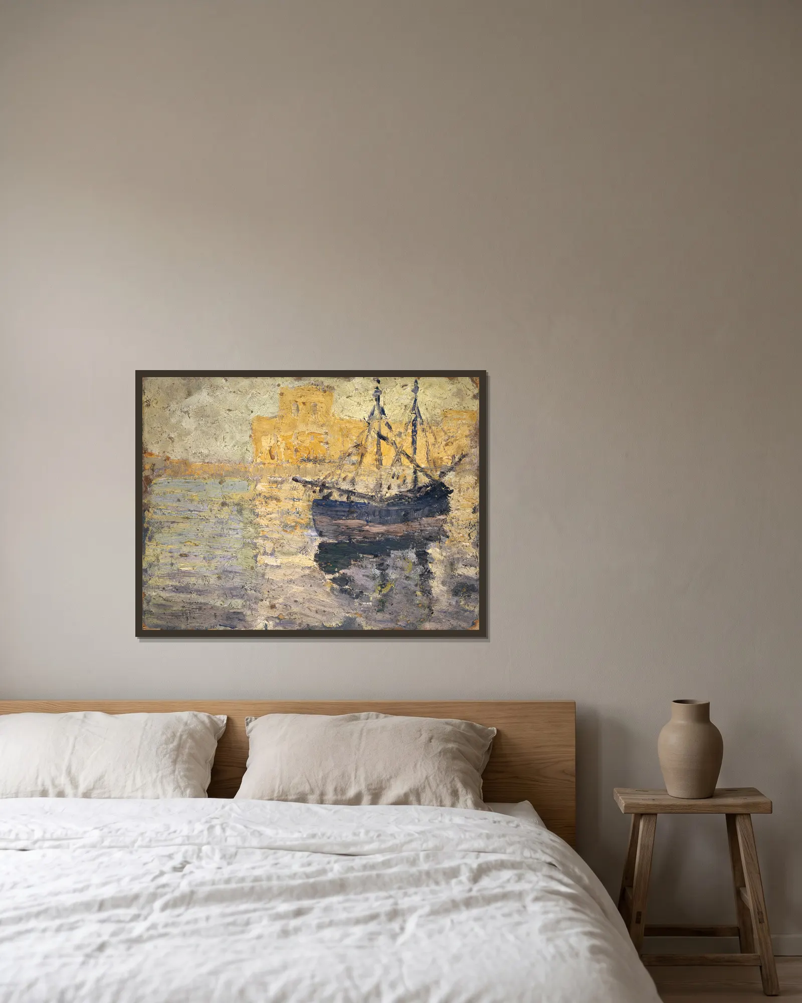 Harbour with Sailing Boat av Ernst Schiess inramad på en vägg