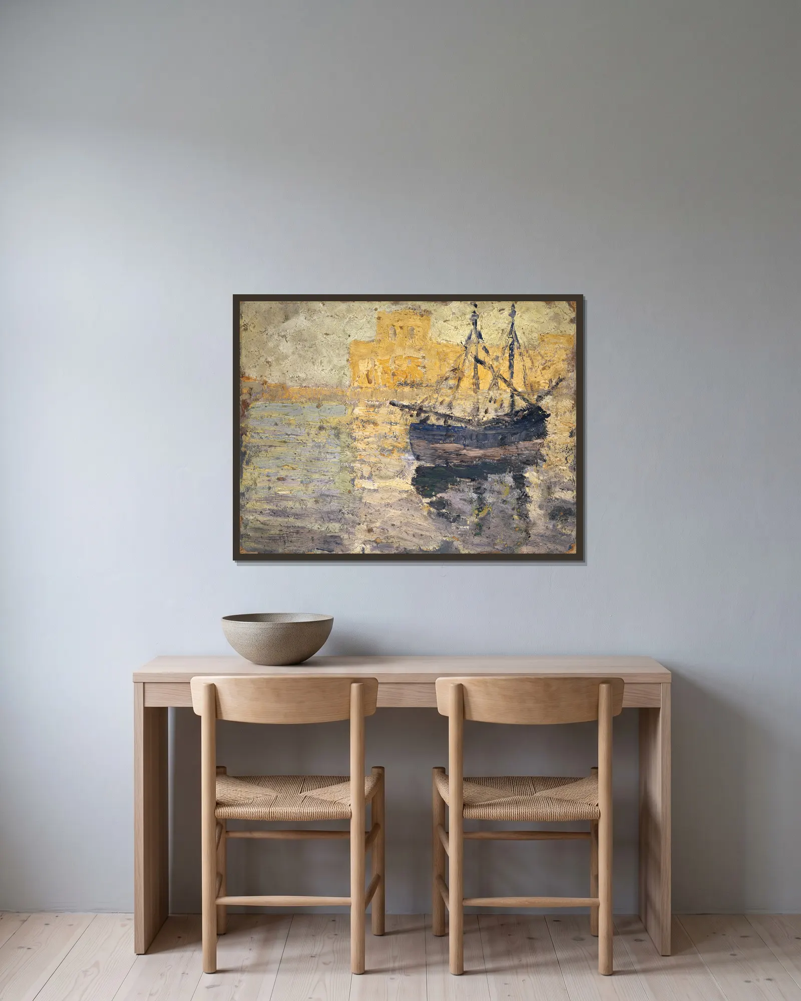 Harbour with Sailing Boat av Ernst Schiess inramad på en vägg