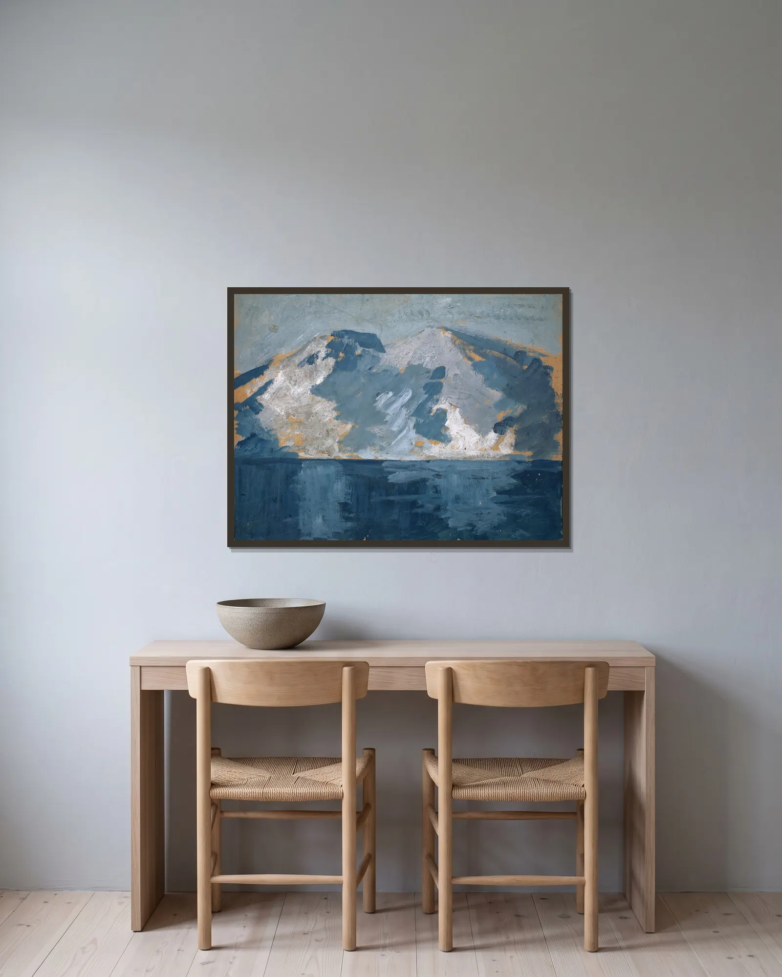 Mountainous Coast av Ernst Schiess inramad på en vägg