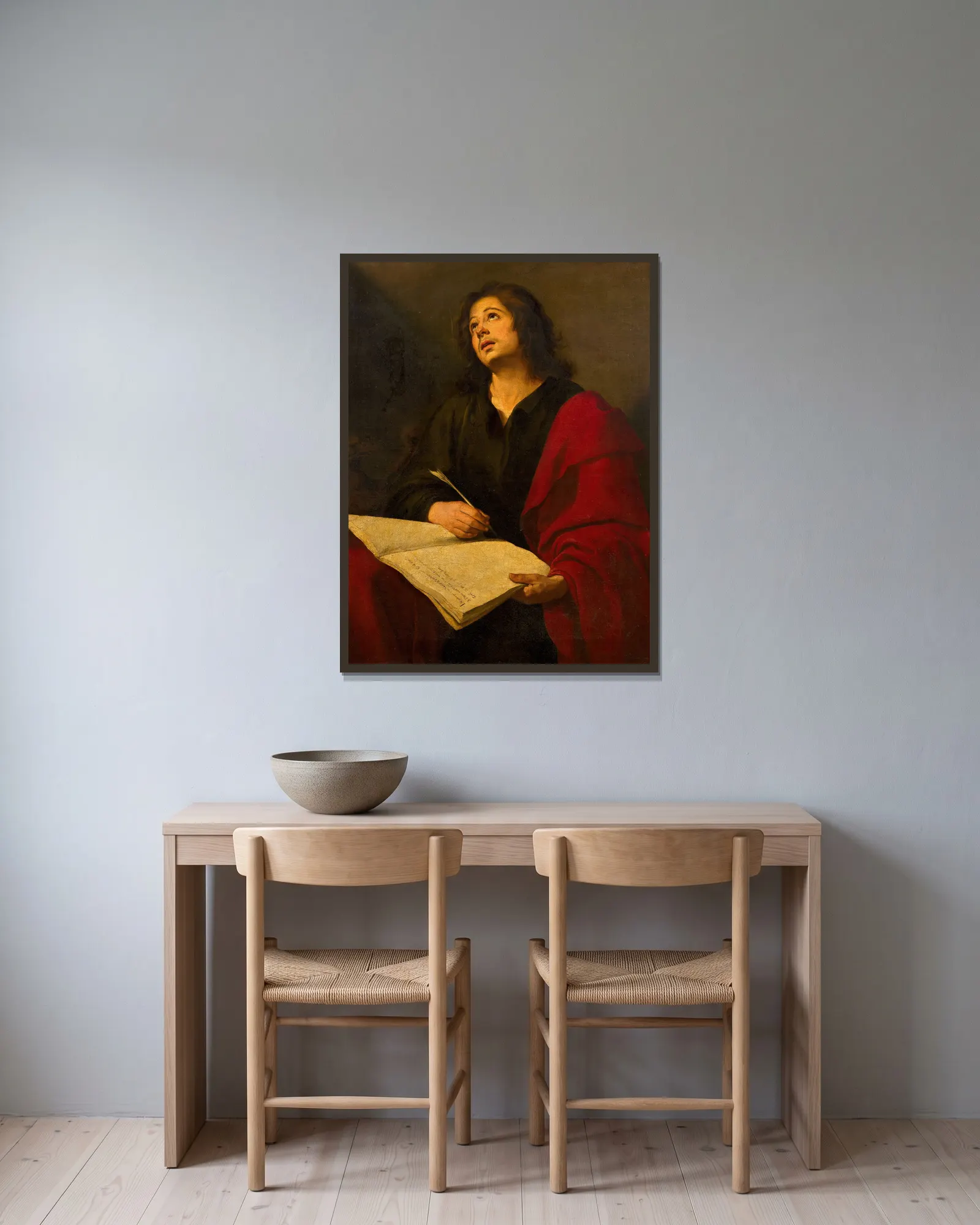 Saint John the Evangelist av Bartolomé Estebán Murillo inramad på en vägg