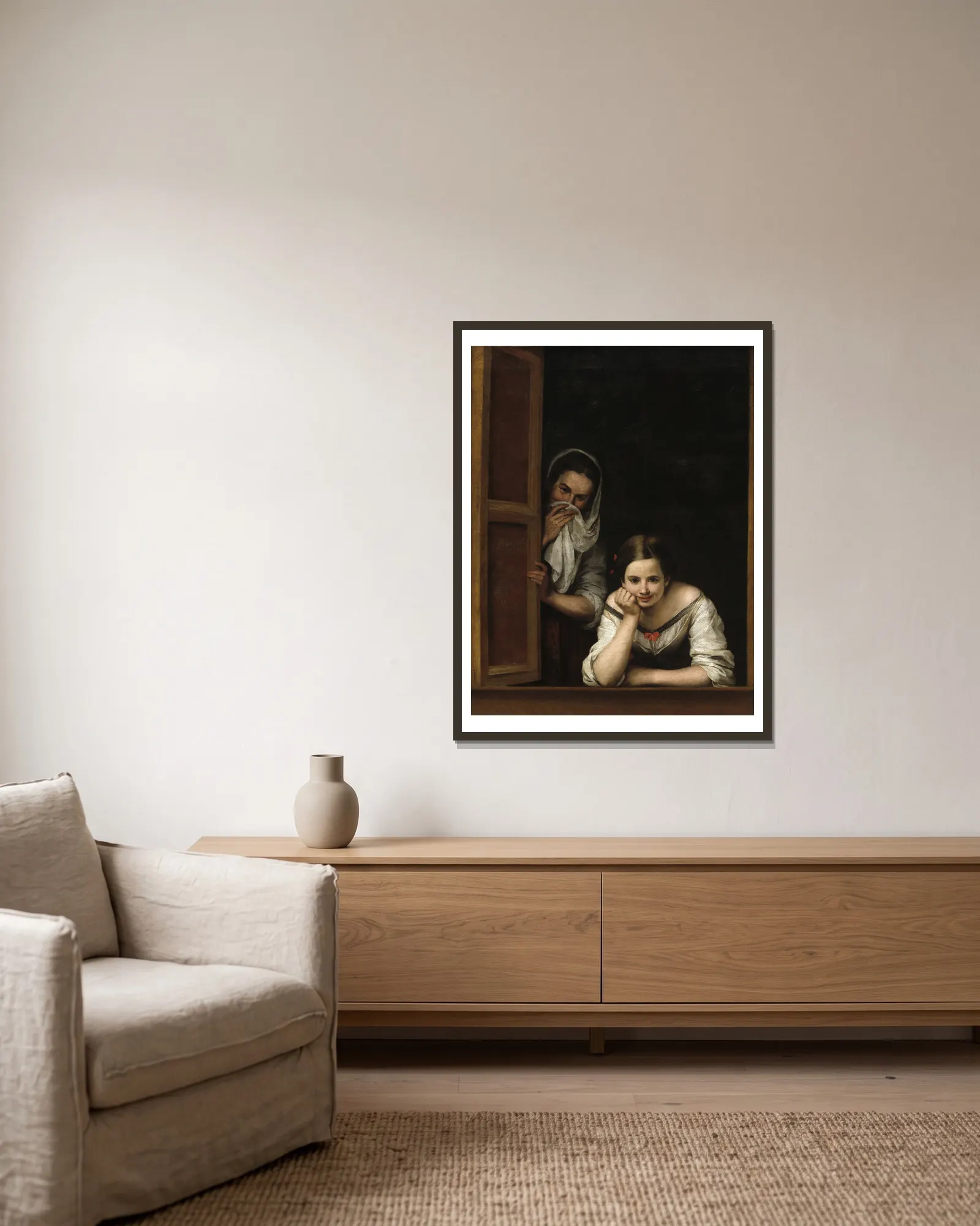 Two Women at a Window av Bartolomé Estebán Murillo inramad på en vägg