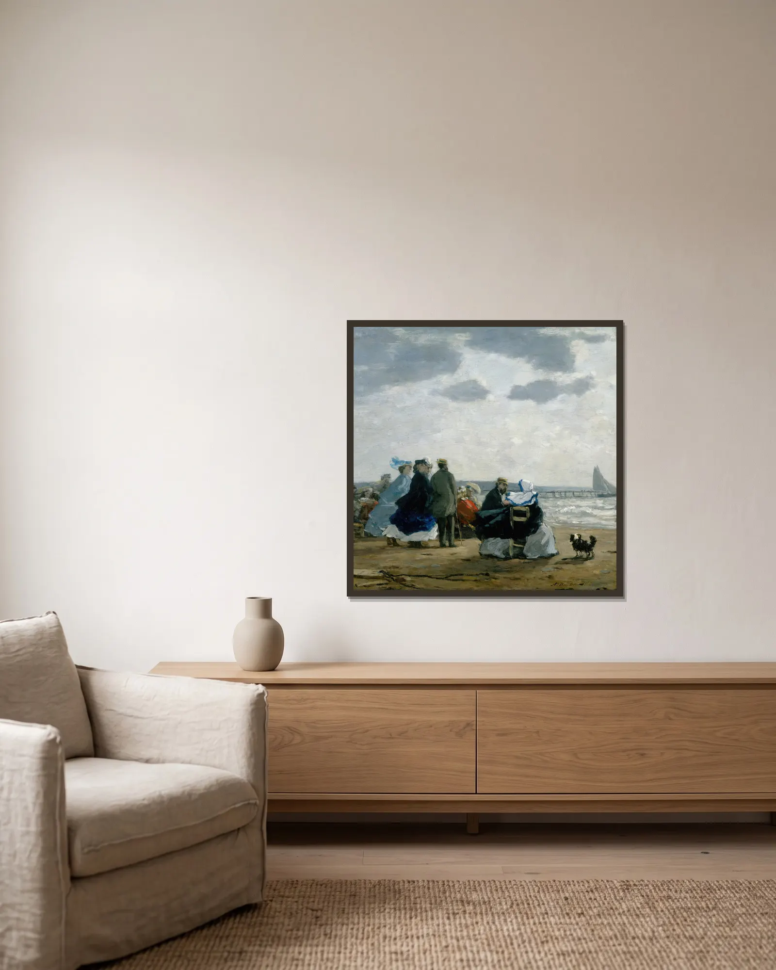 On the Beach, Dieppe av Eugène Boudin inramad på en vägg