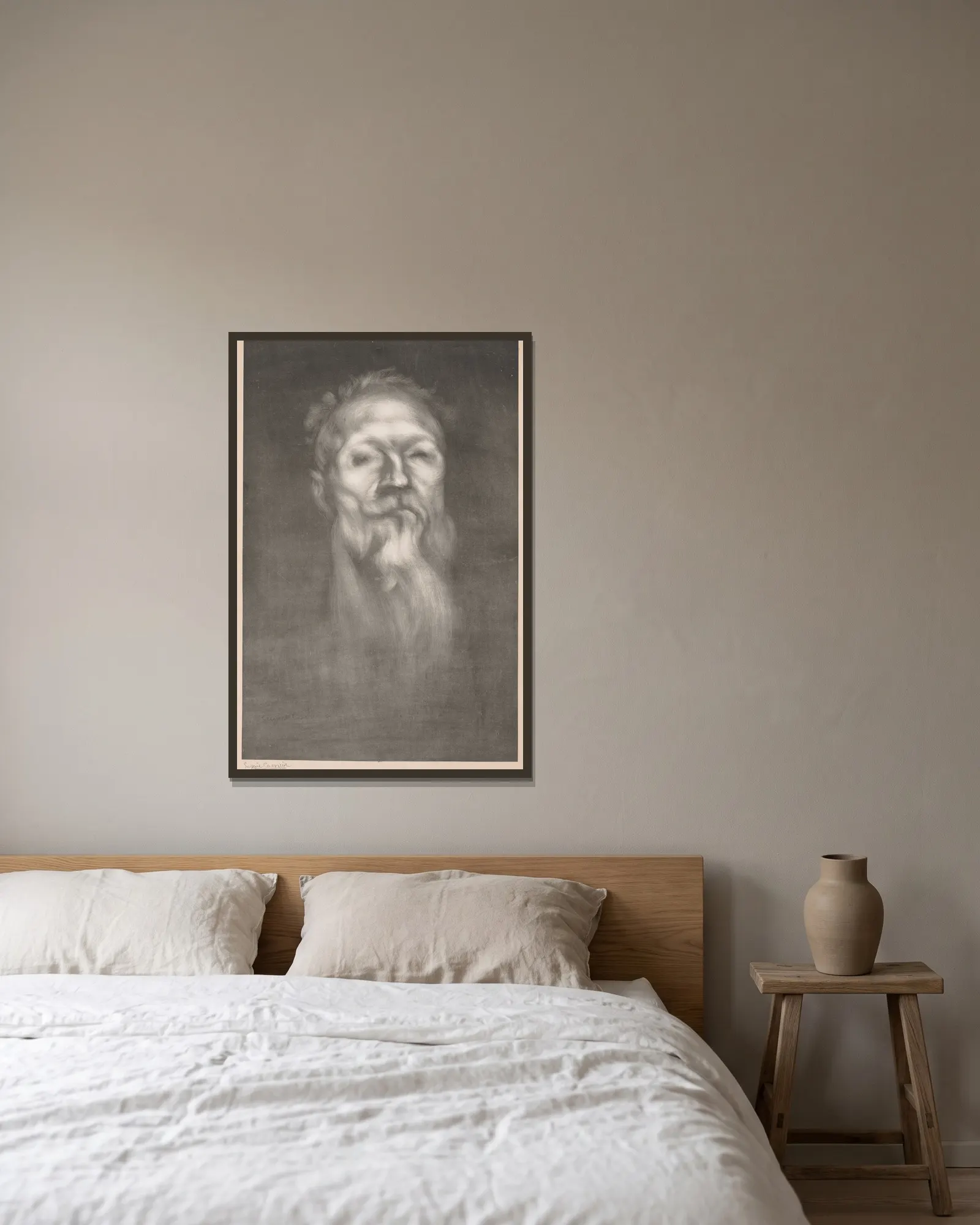 Auguste Rodin av Eugène Carriere inramad på en vägg