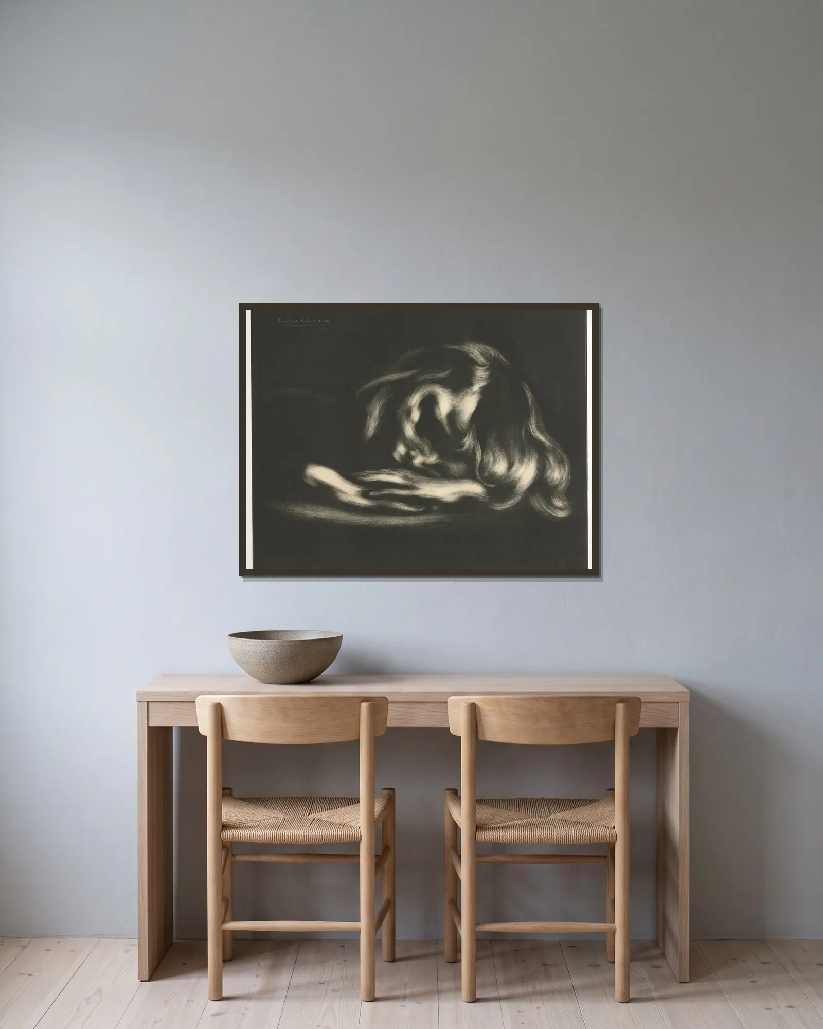 Sleep (Jean-René Carrière) av Eugène Carriere inramad på en vägg