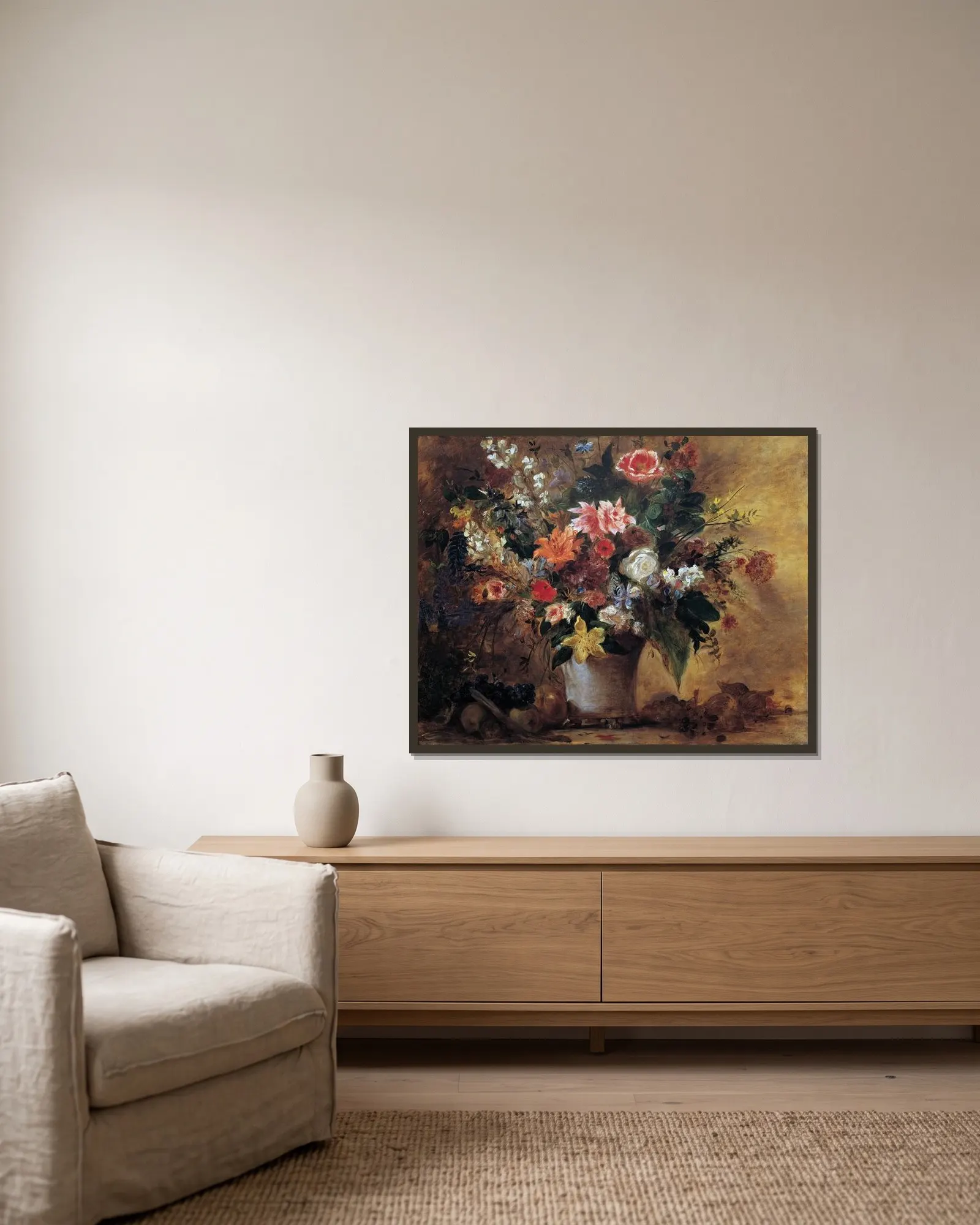 Blumenstillleben av Eugène Delacroix inramad på en vägg