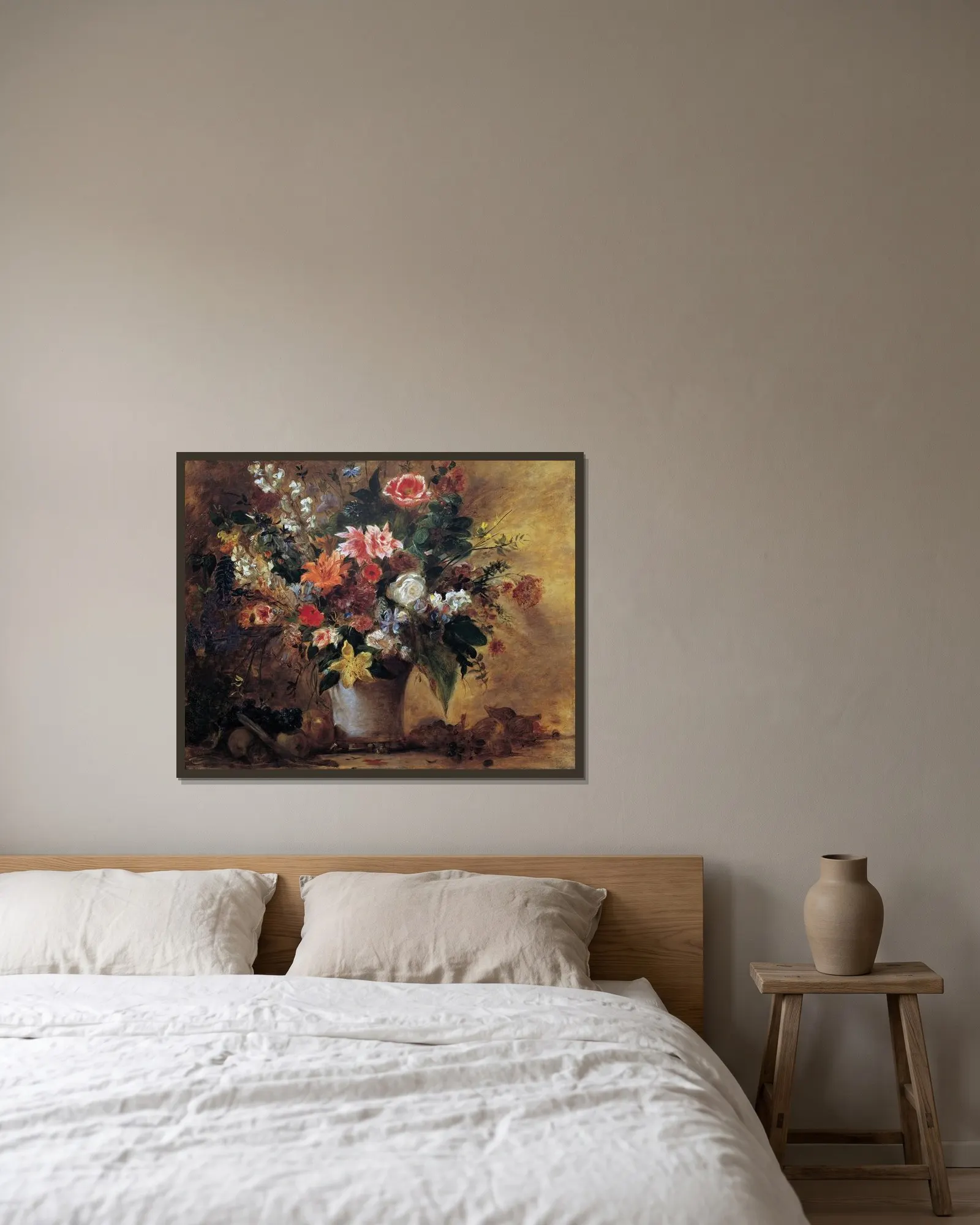 Blumenstillleben av Eugène Delacroix inramad på en vägg