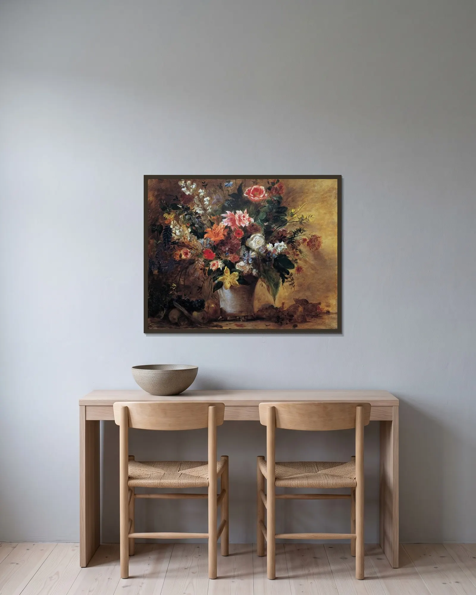 Blumenstillleben av Eugène Delacroix inramad på en vägg