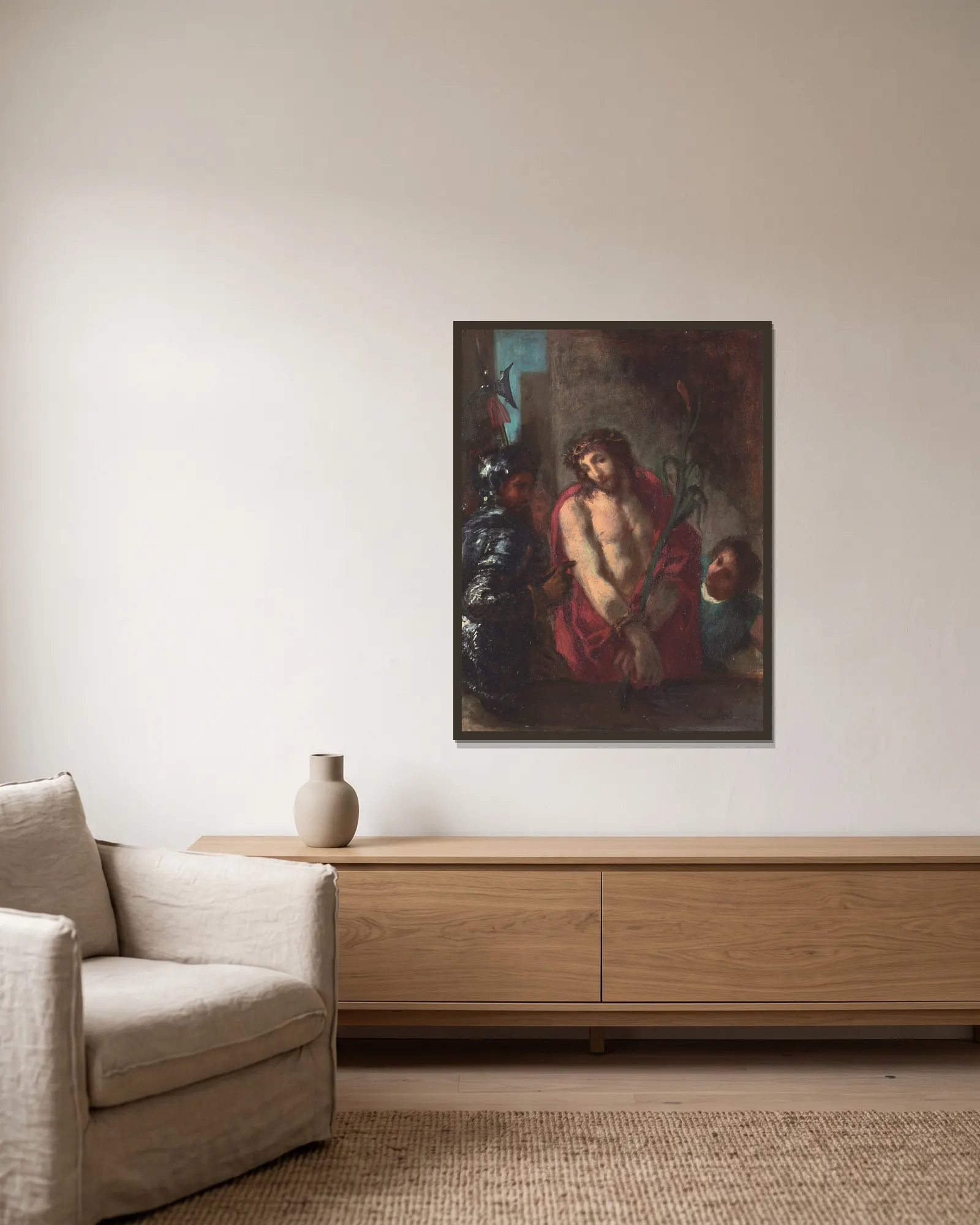 Ecce Homo av Eugène Delacroix inramad på en vägg