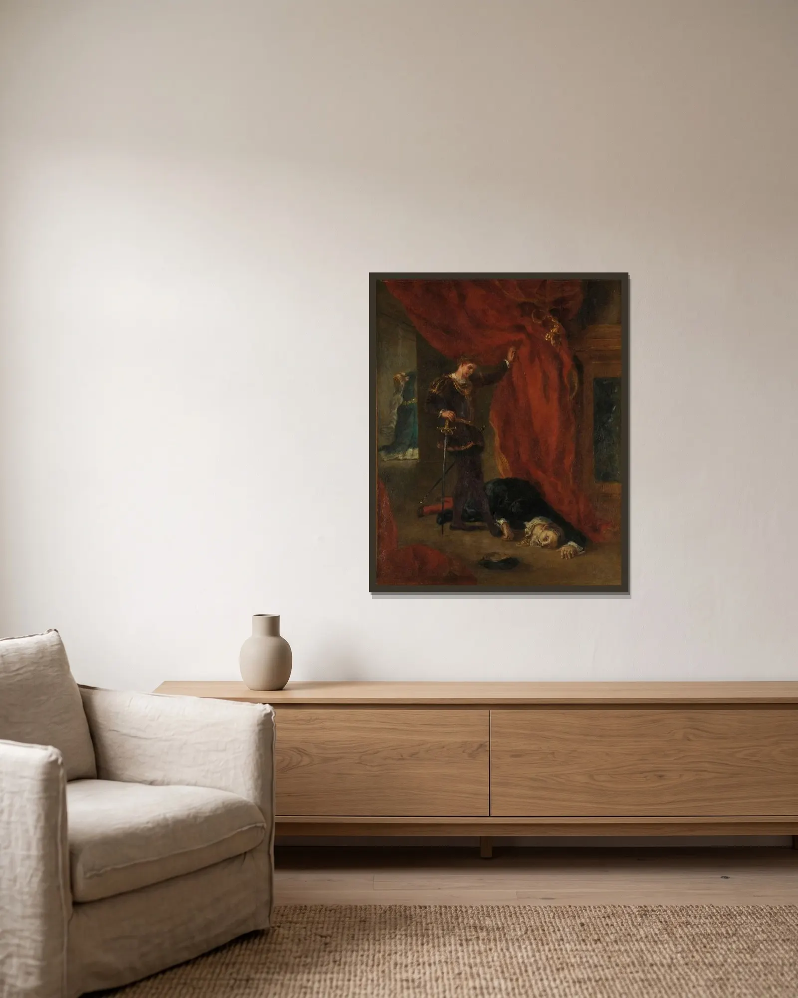 Hamlet devant le corps de Polonius av Eugène Delacroix inramad på en vägg
