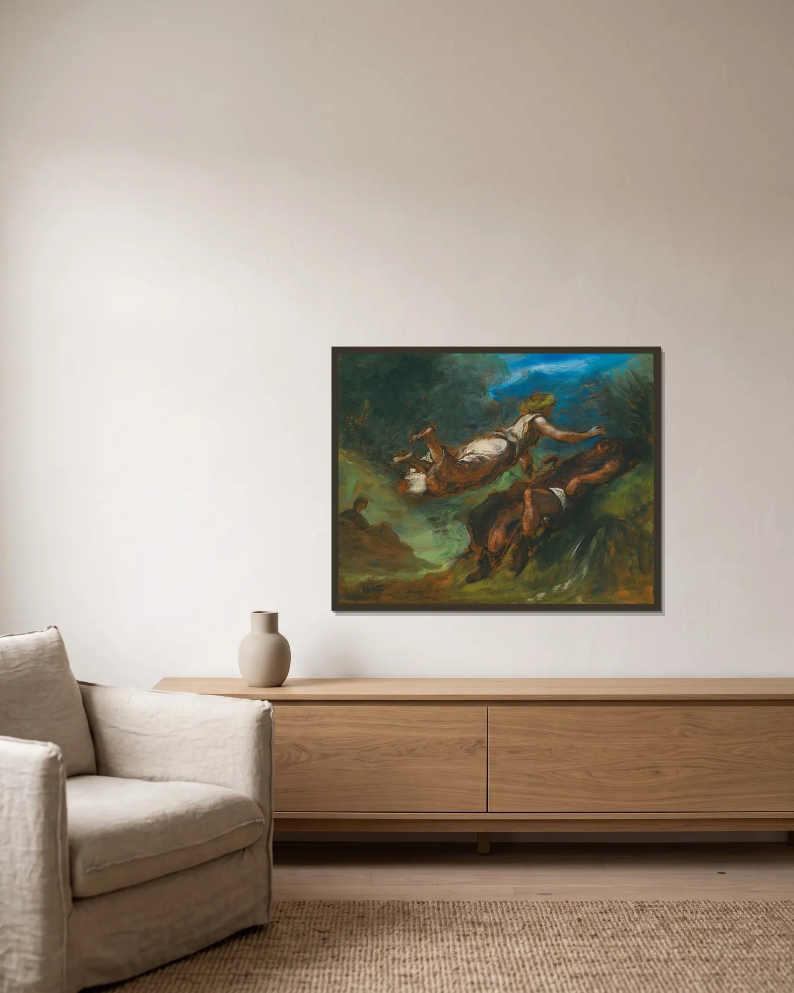 Hésiode Et La Muse av Eugène Delacroix inramad på en vägg