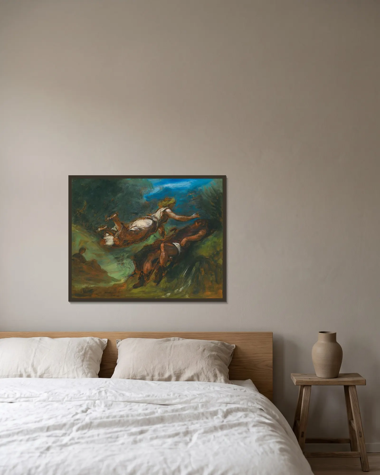 Hésiode Et La Muse av Eugène Delacroix inramad på en vägg