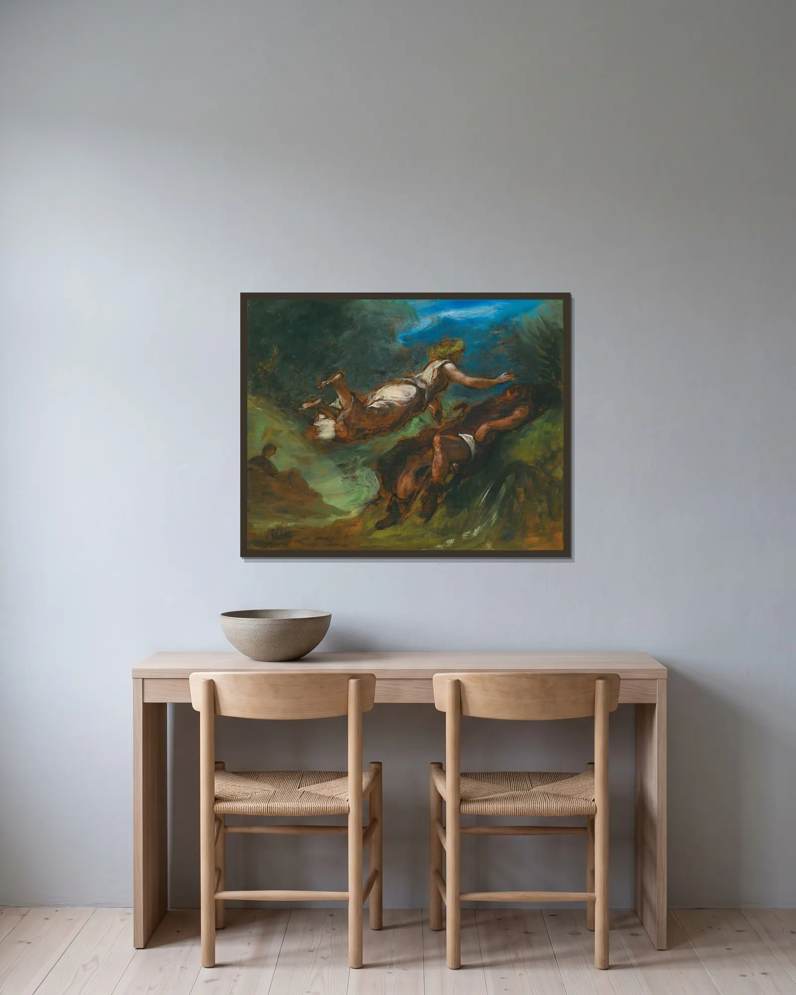 Hésiode Et La Muse av Eugène Delacroix inramad på en vägg
