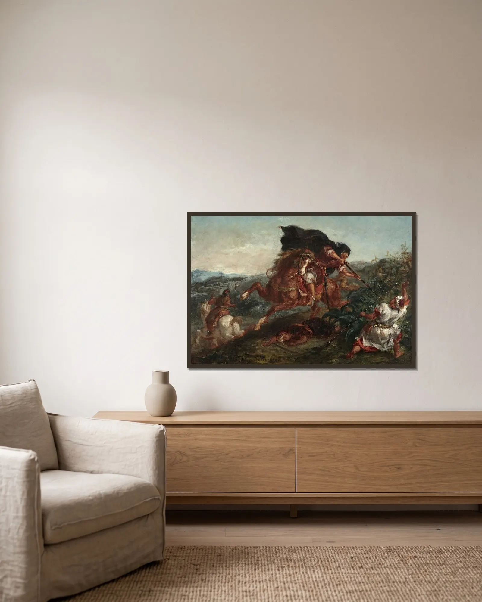 Le Combat av Eugène Delacroix inramad på en vägg
