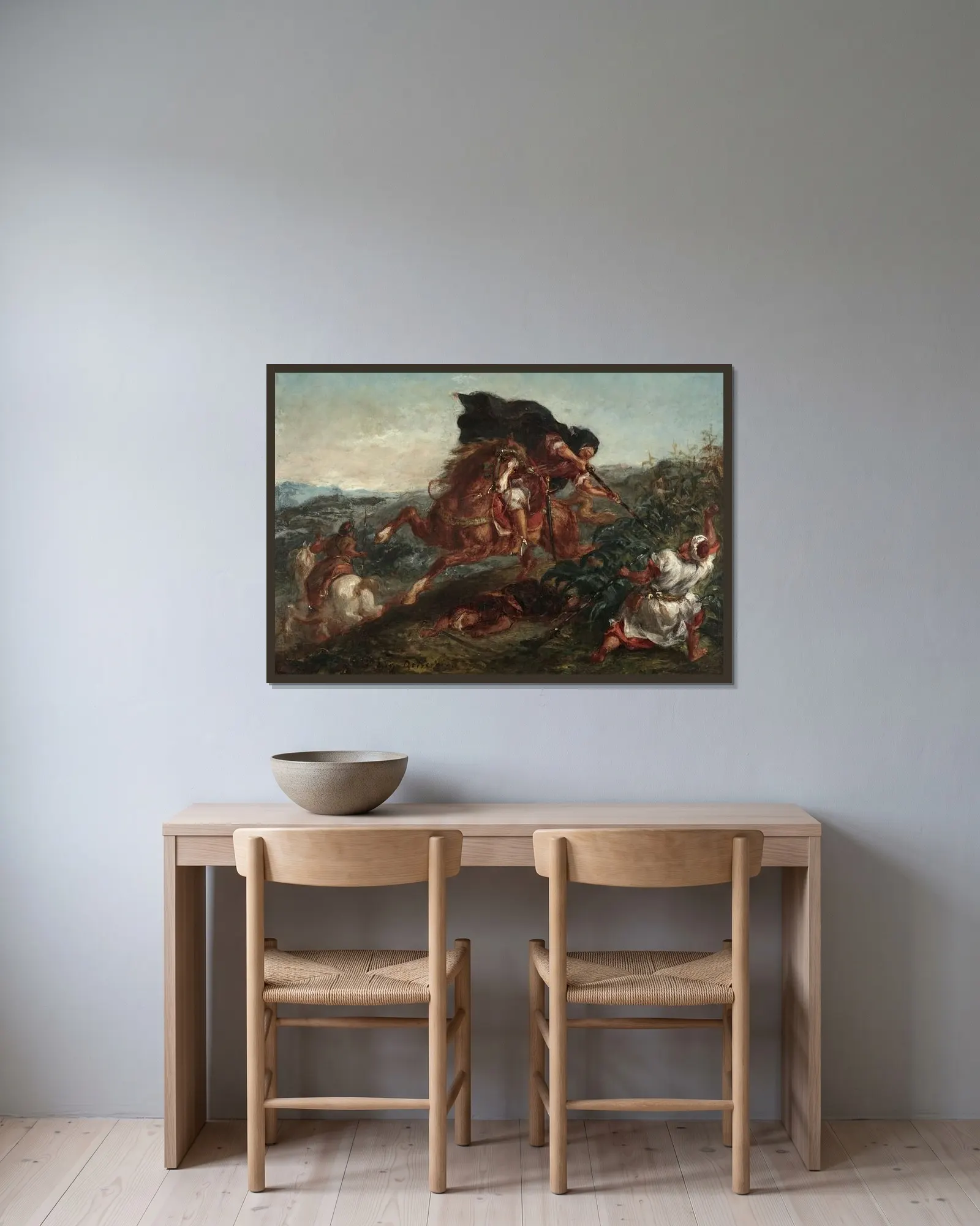 Le Combat av Eugène Delacroix inramad på en vägg