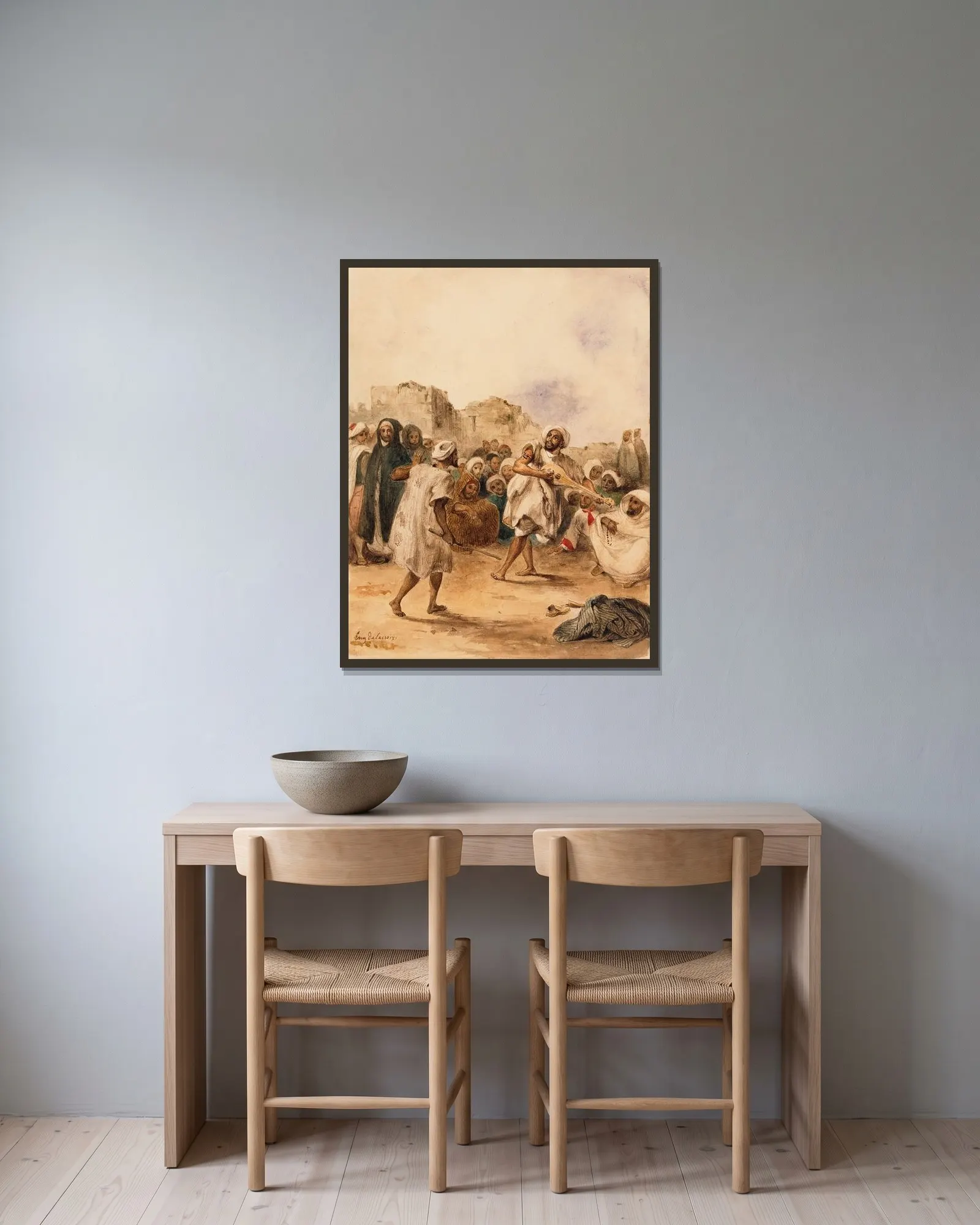 Strolling Players av Eugène Delacroix inramad på en vägg