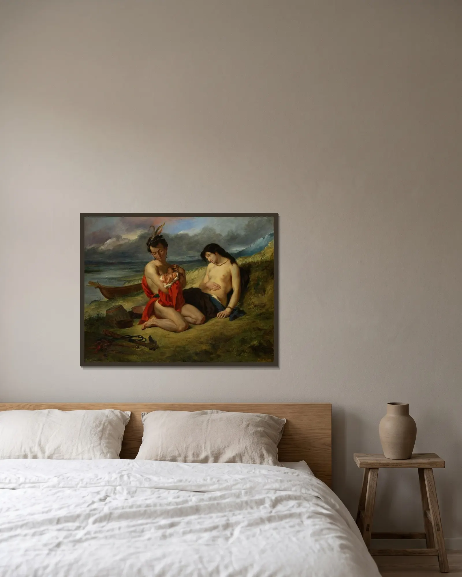 The Natchez av Eugène Delacroix inramad på en vägg