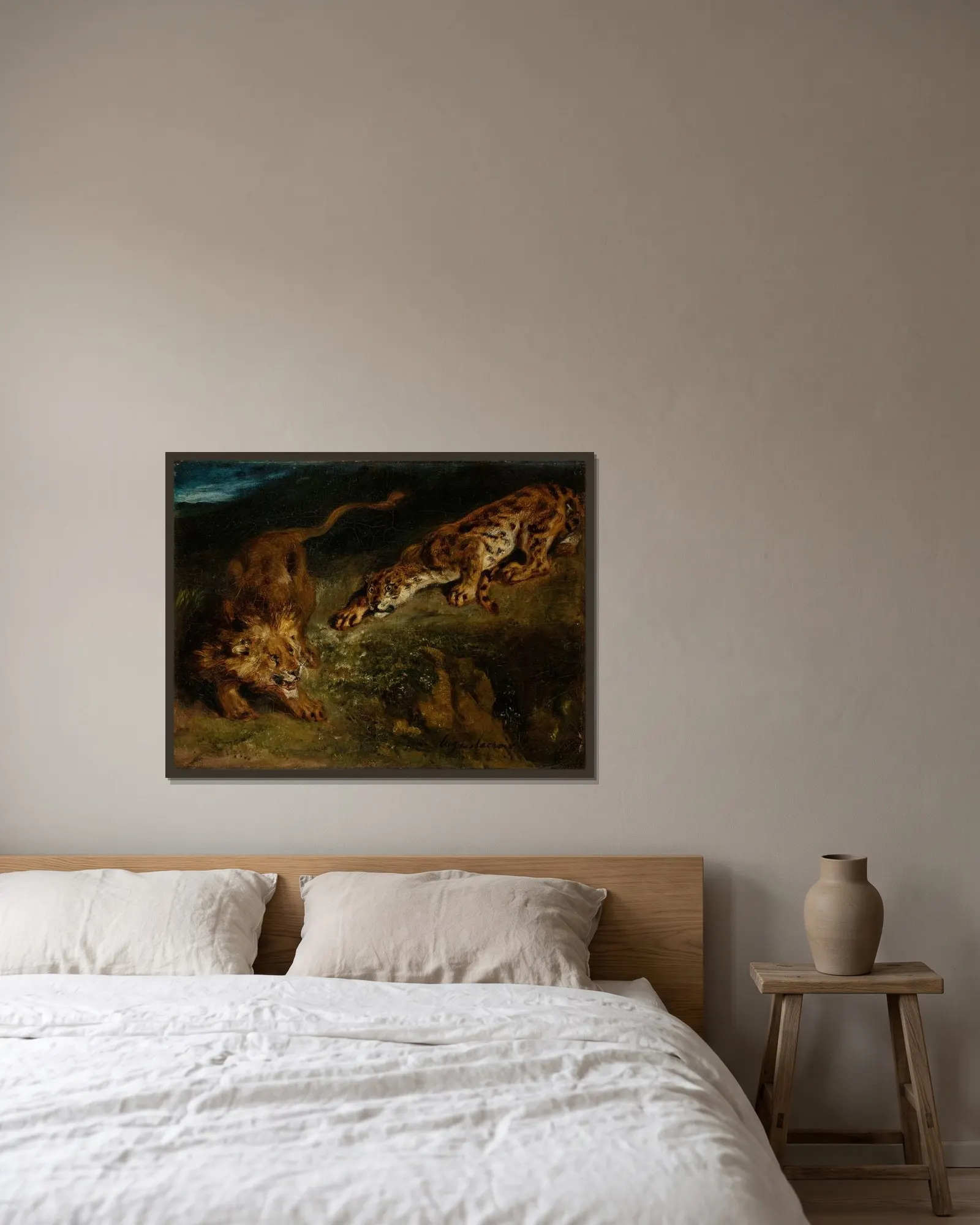 Tiger and Lion av Eugène Delacroix inramad på en vägg