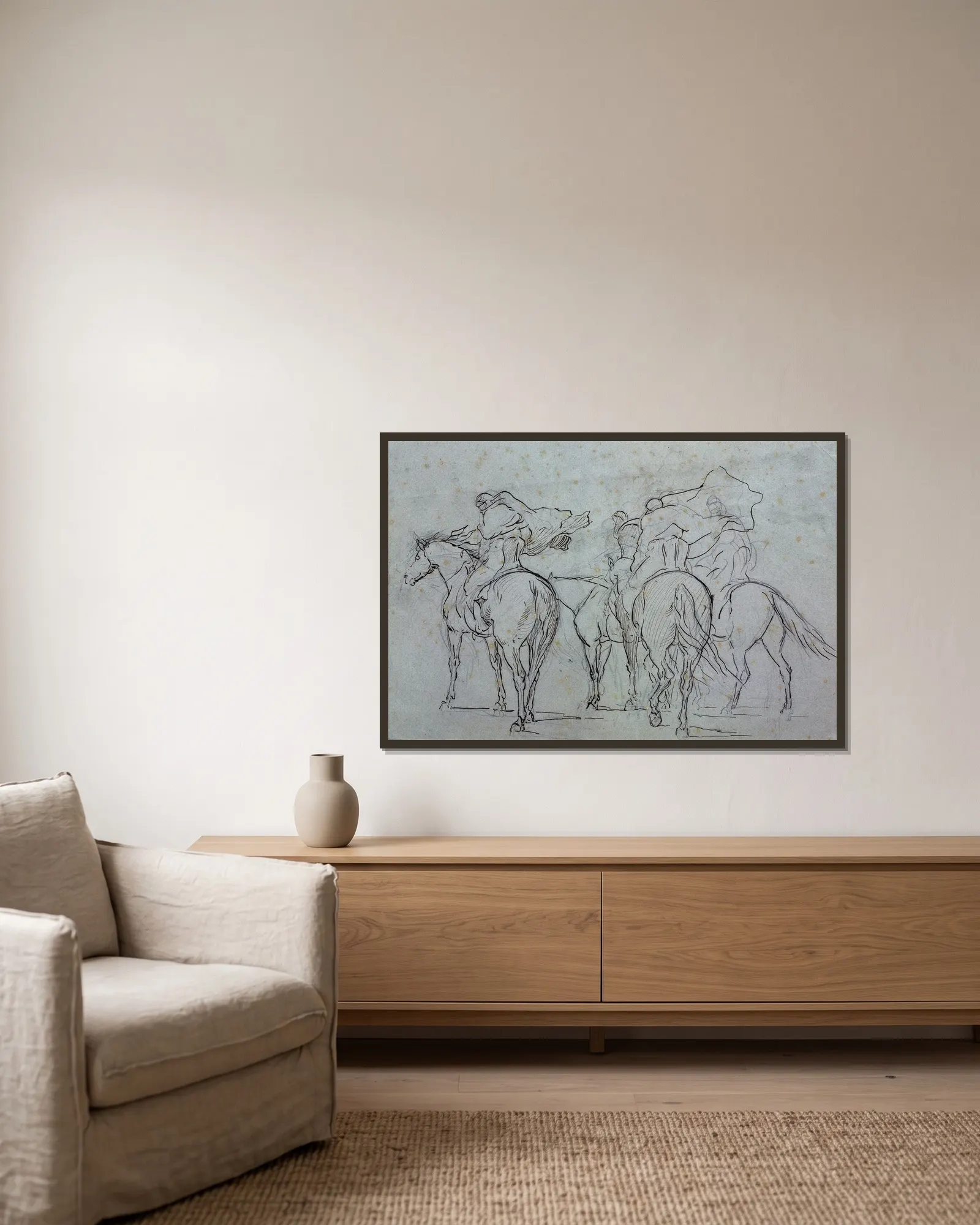 Arabian Horsemen (study) (19th century) av Eugène Fromentin inramad på en vägg