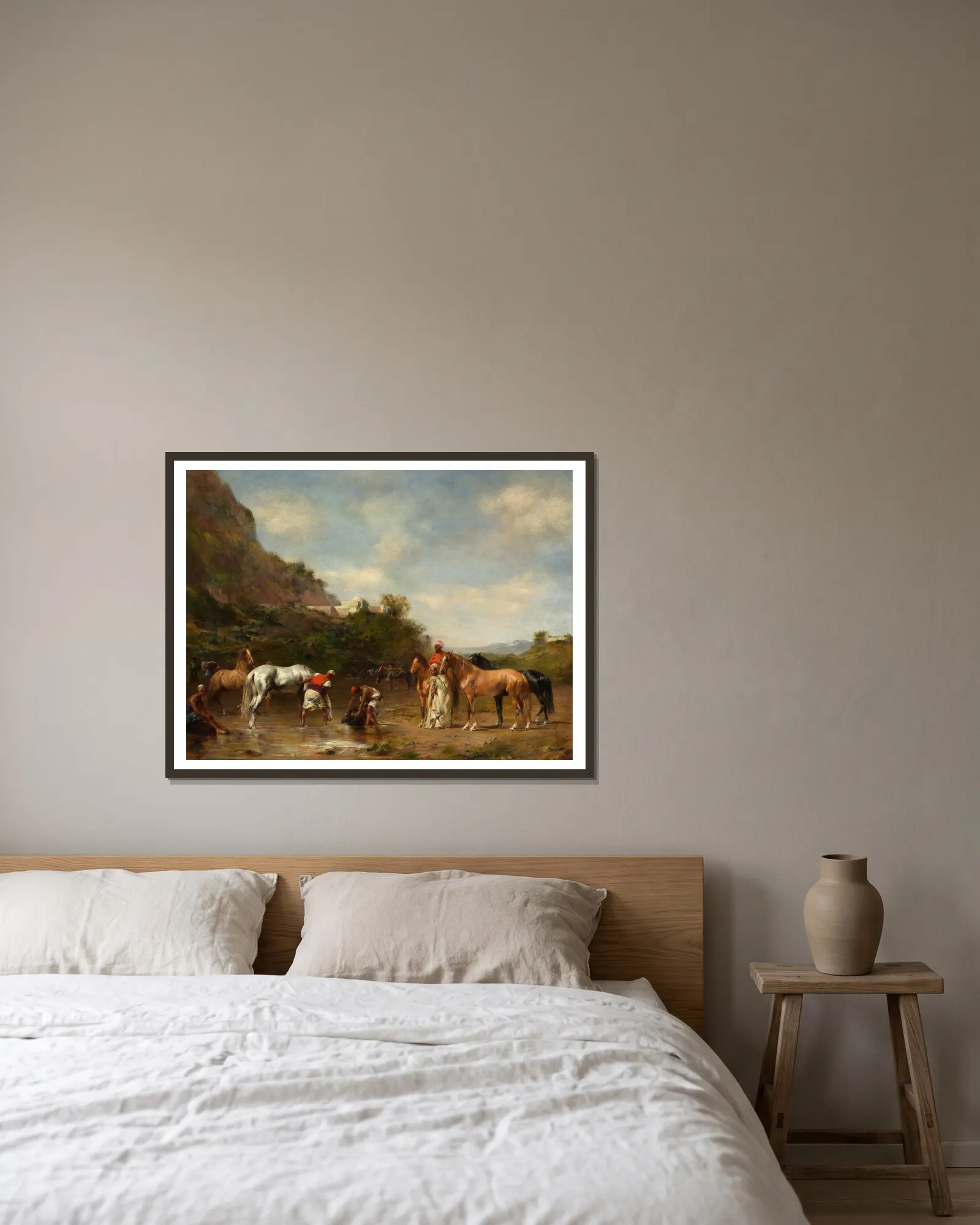 Arabs watering their horses av Eugène Fromentin inramad på en vägg
