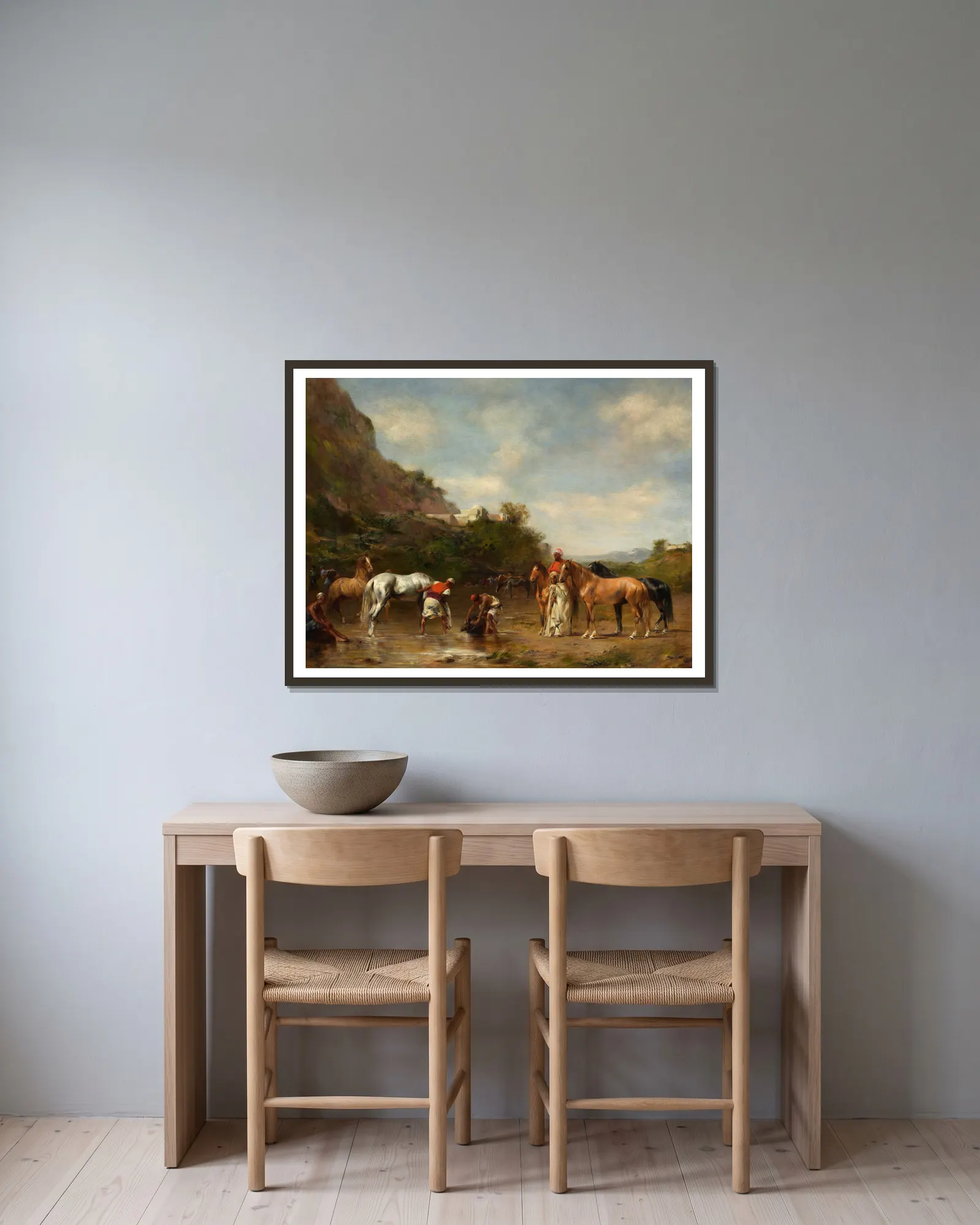 Arabs watering their horses av Eugène Fromentin inramad på en vägg