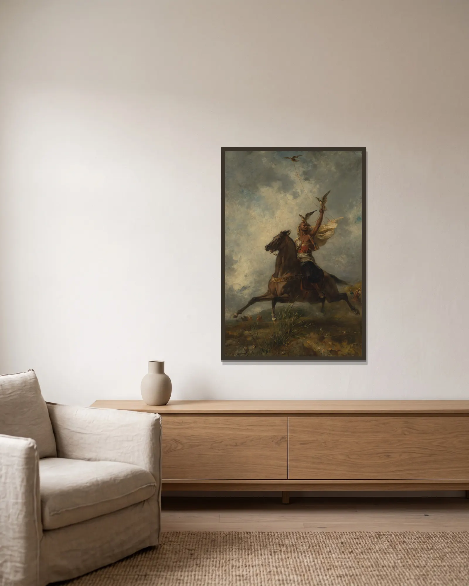 The Arab Falconer av Eugène Fromentin inramad på en vägg