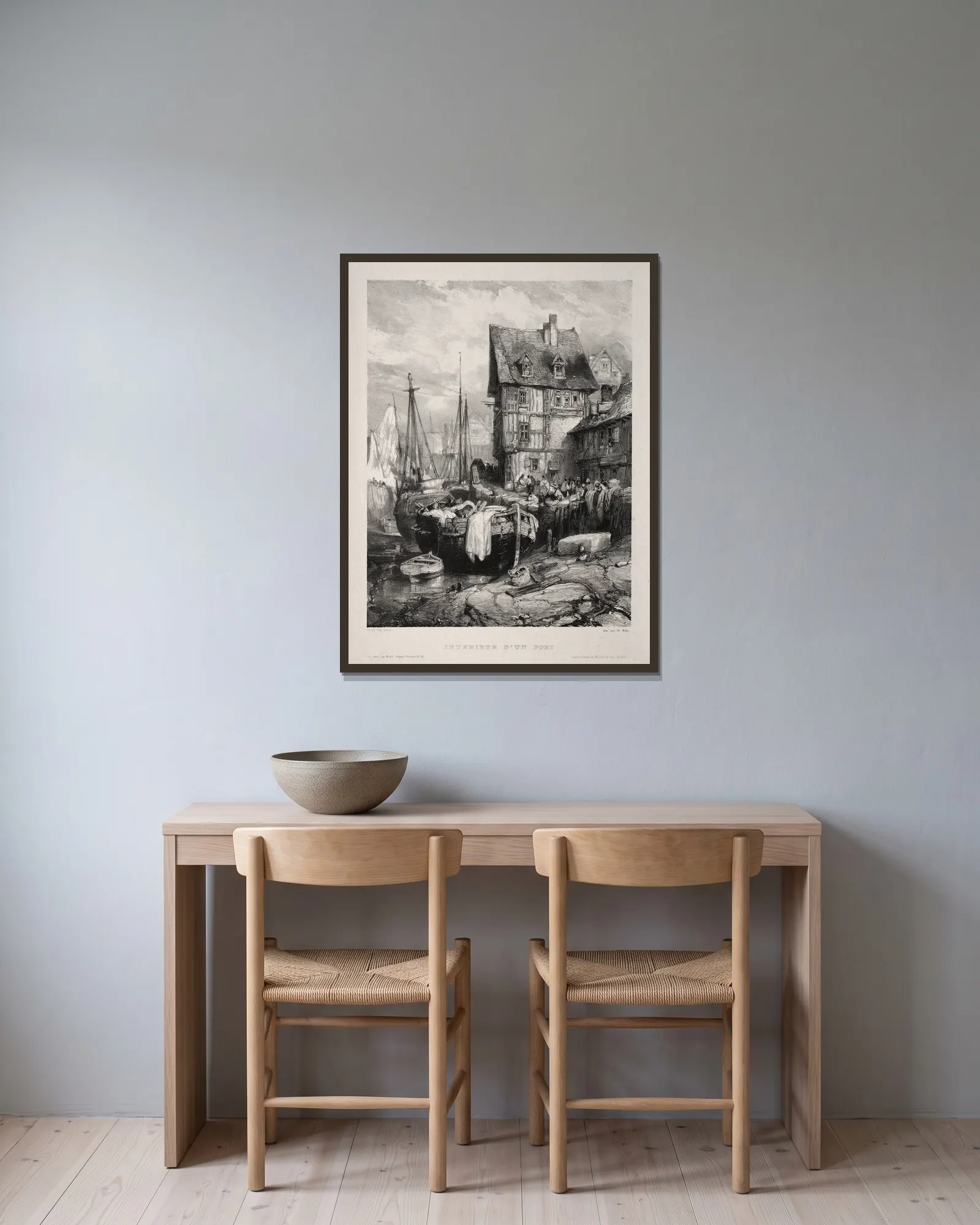 Intérieur d’un port av Eugène Isabey inramad på en vägg