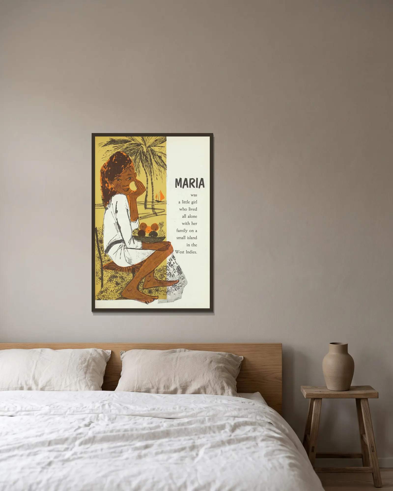 Lonely Maria pl2 av Evaline Ness inramad på en vägg