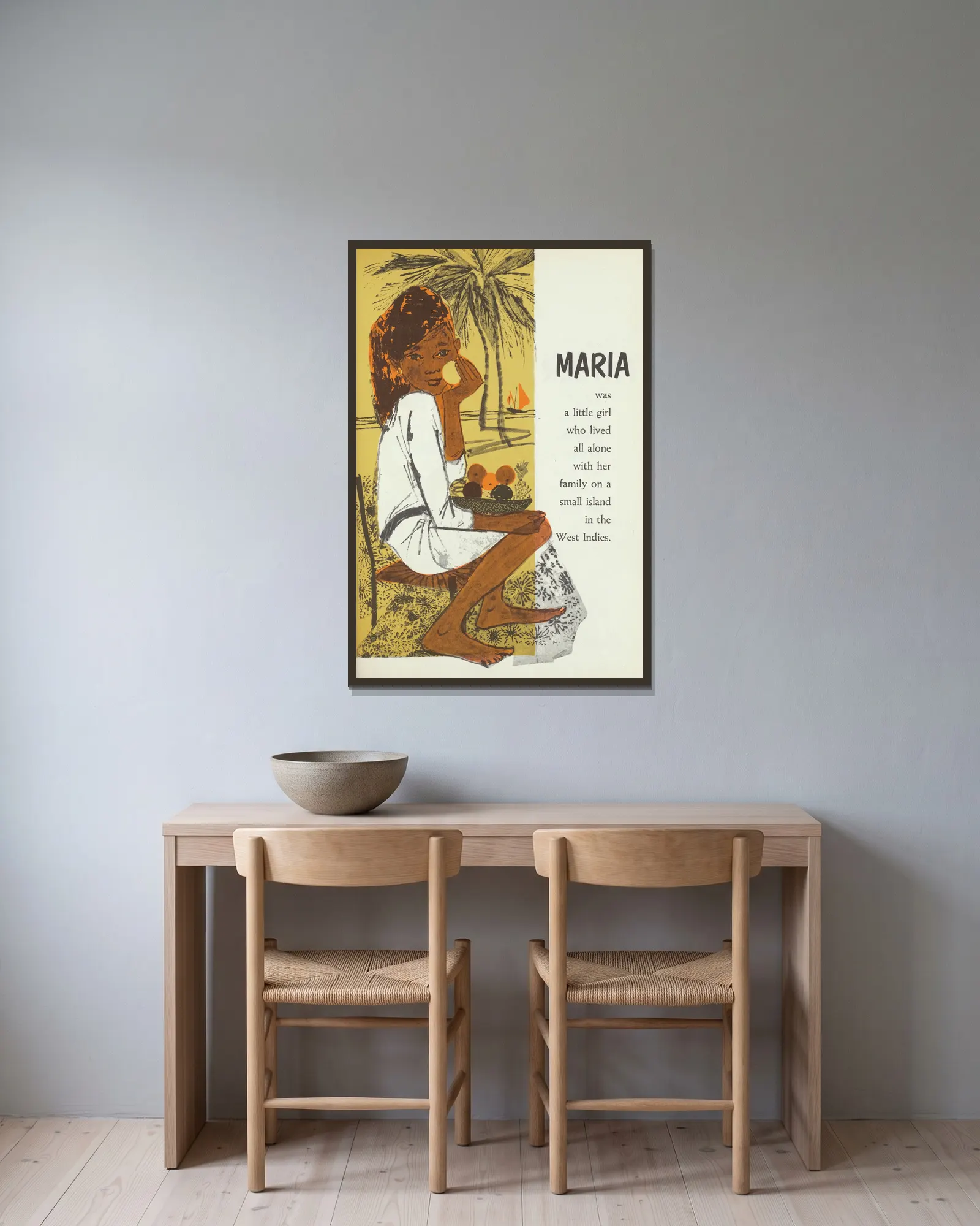 Lonely Maria pl2 av Evaline Ness inramad på en vägg