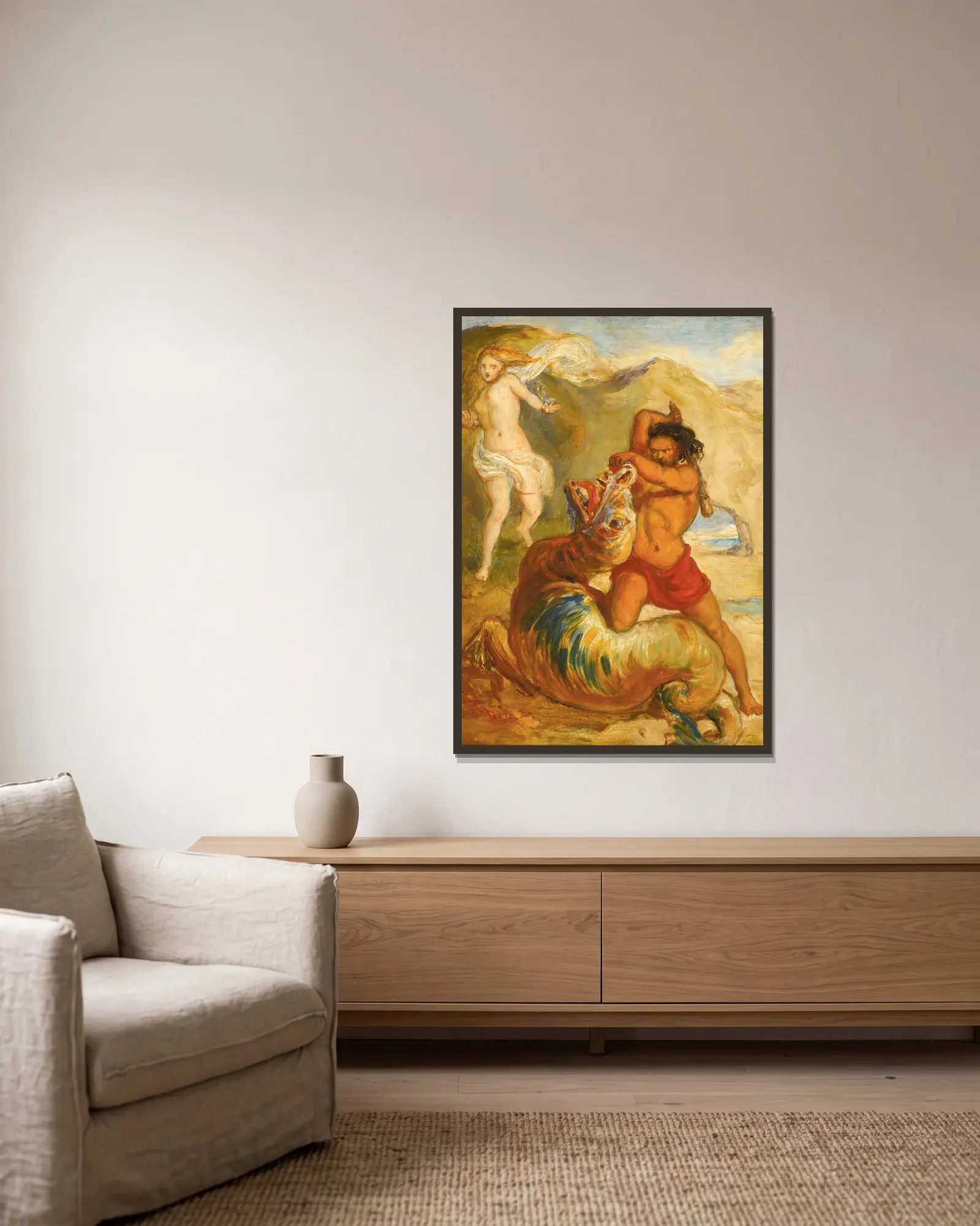 Perseus saving Andromeda av Sir John Everett Millais inramad på en vägg