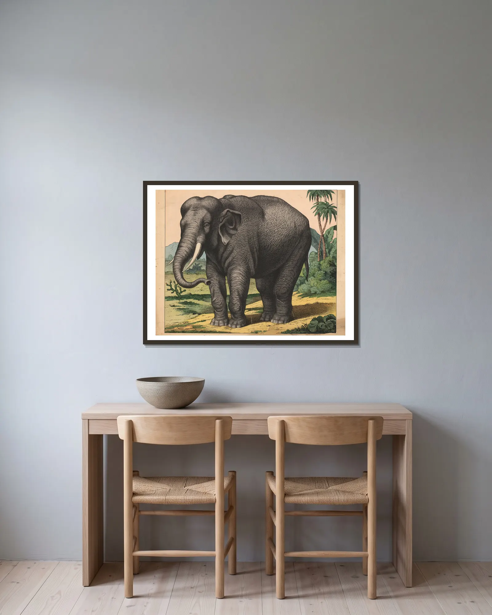 Elephant av J.F. Schreiber inramad på en vägg