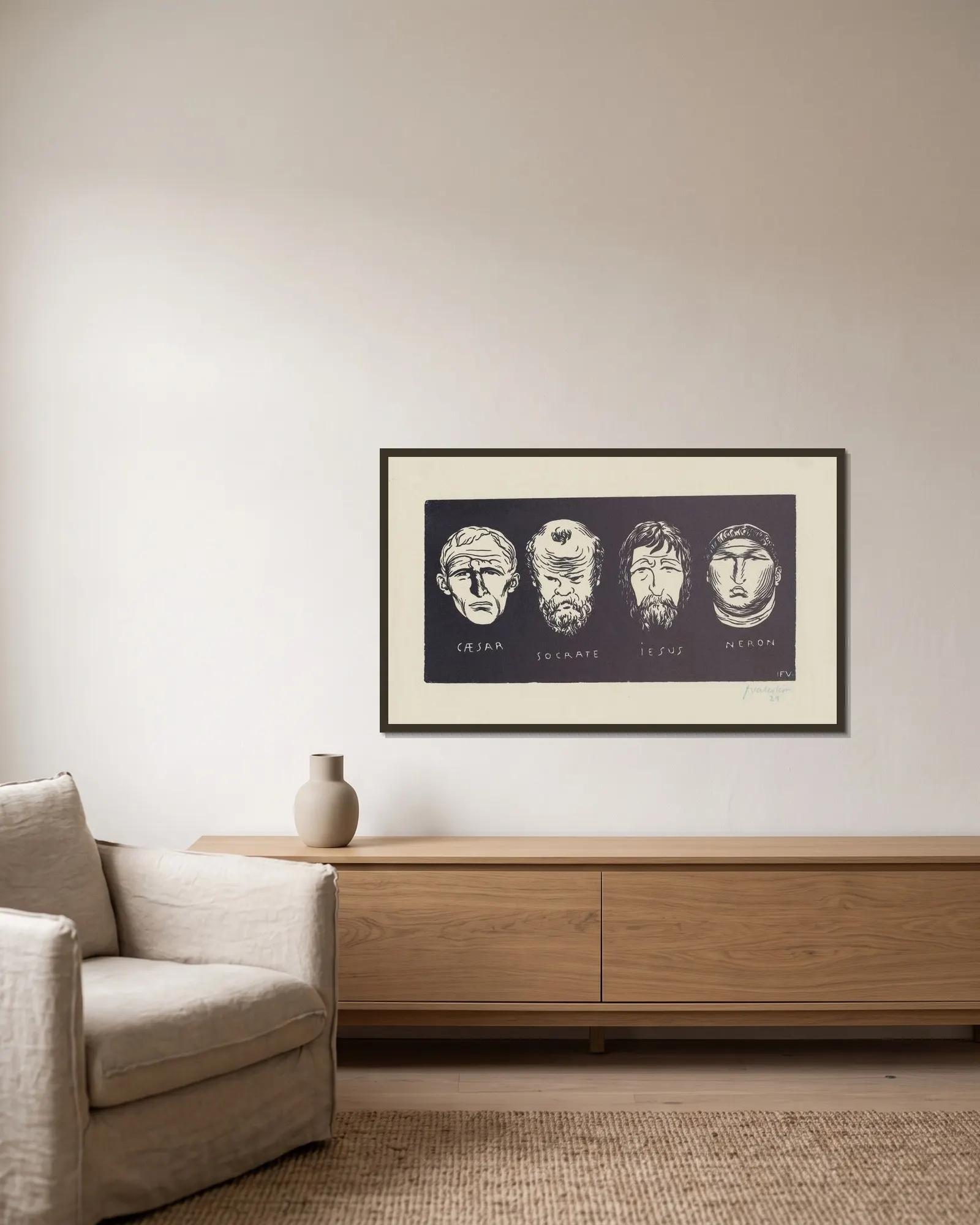Caesar, Socrate, Iesus, Neron av Félix Vallotton inramad på en vägg