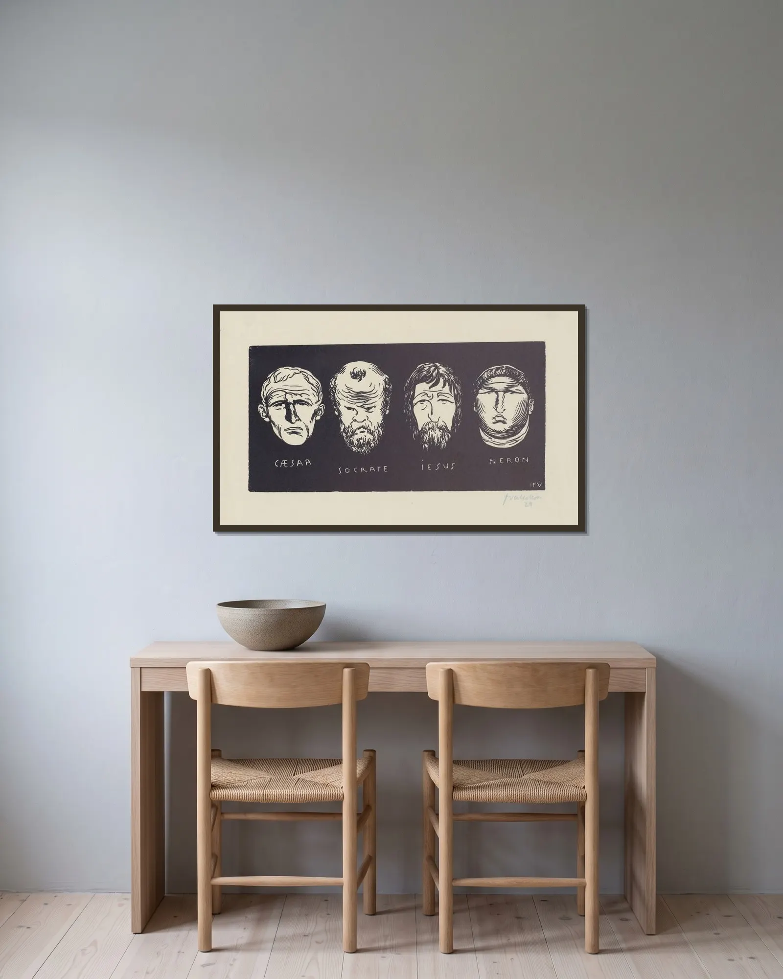Caesar, Socrate, Iesus, Neron av Félix Vallotton inramad på en vägg