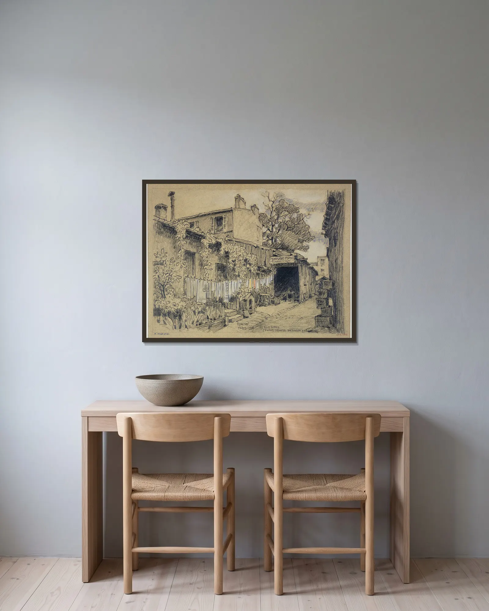 49 rue Didot (framtida square du Moulin-Vert) av Ferdinand Boberg inramad på en vägg