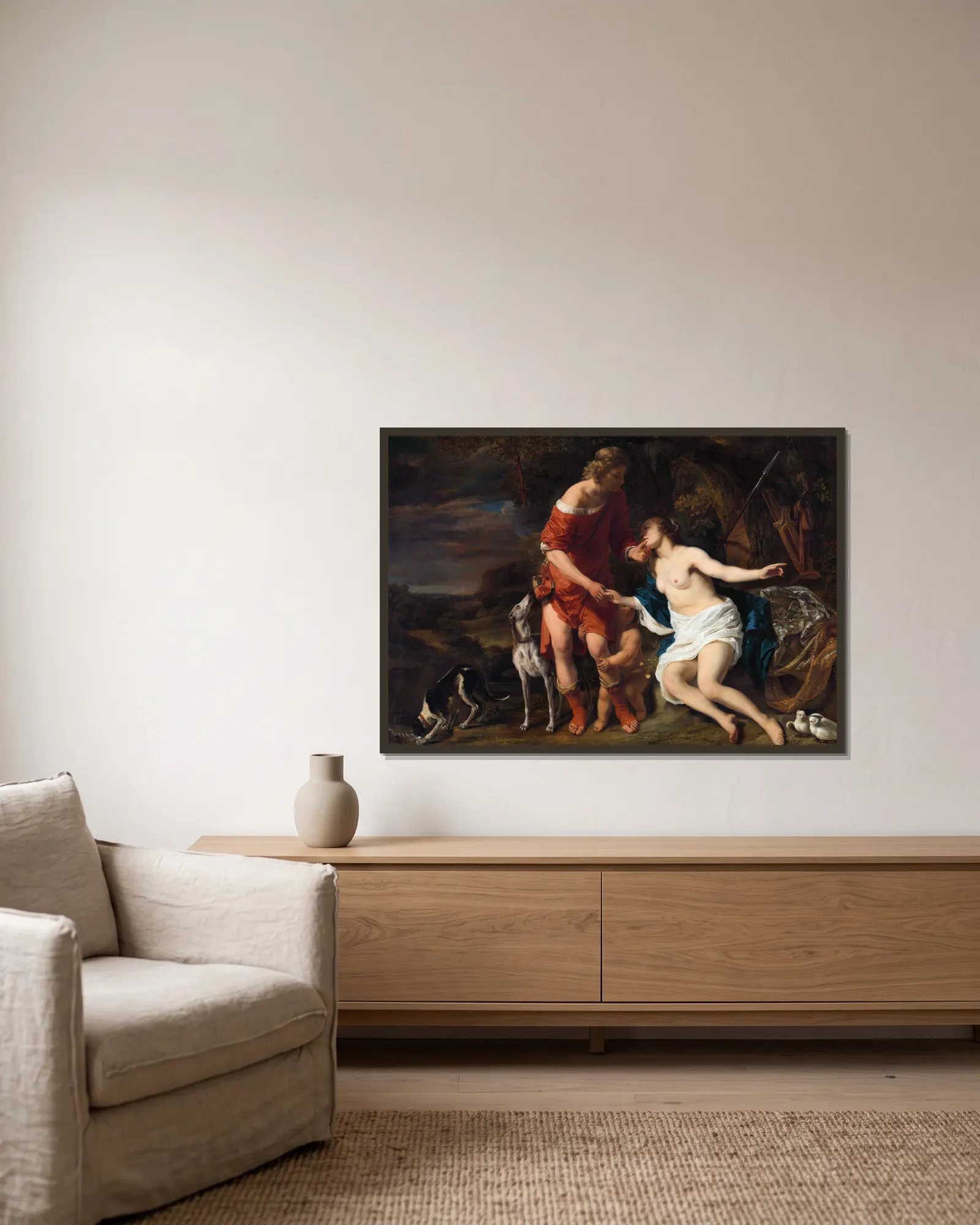 Venus and Adonis av Ferdinand Bol inramad på en vägg