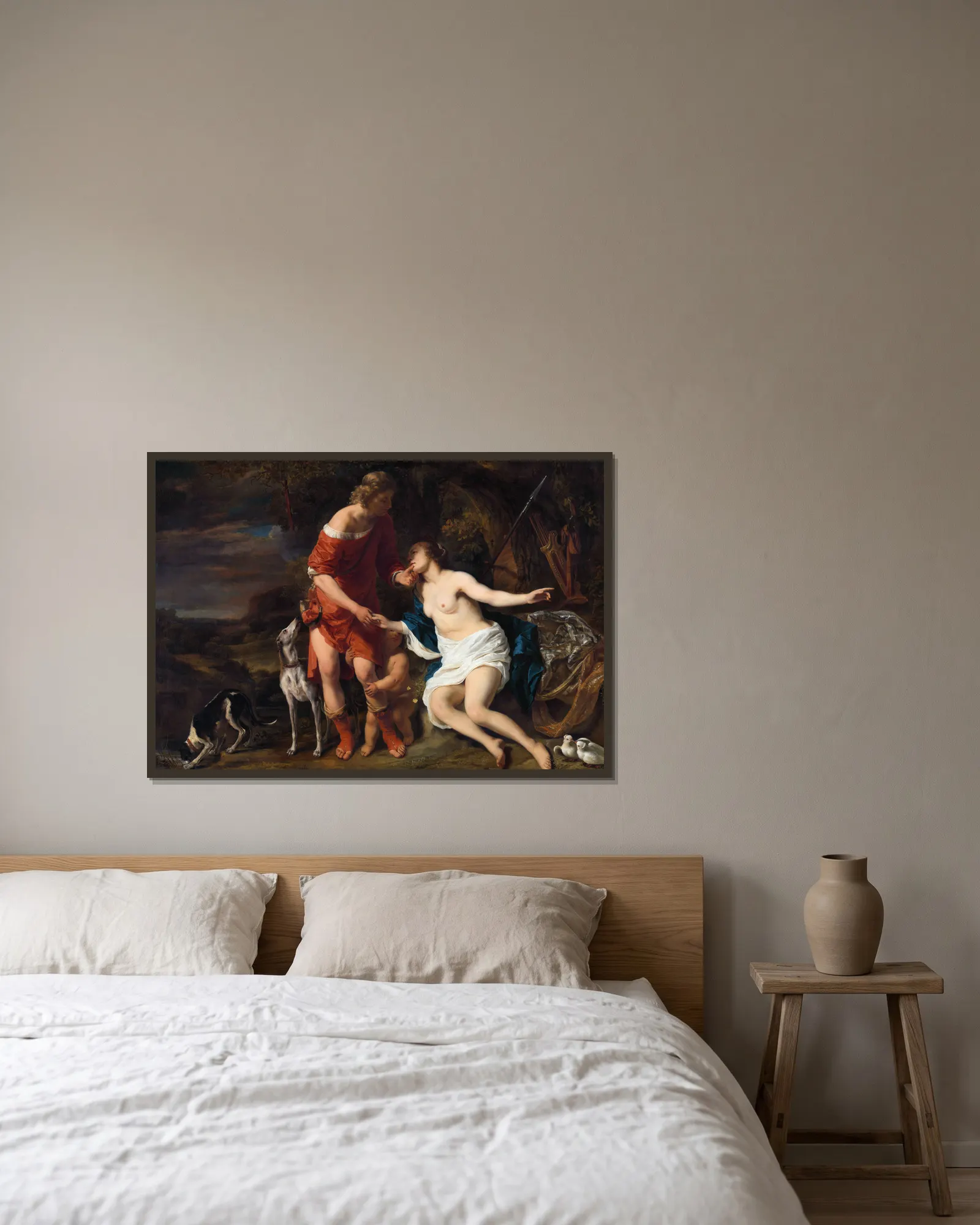 Venus and Adonis av Ferdinand Bol inramad på en vägg