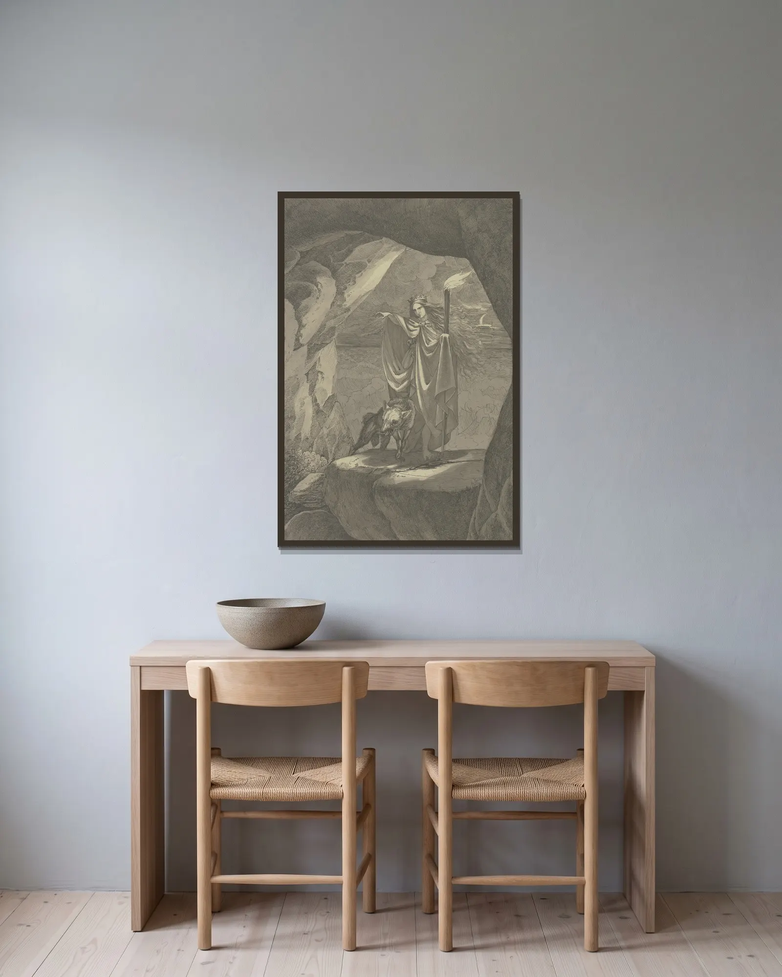 Goddess with wolf av Ferdinand Fellner inramad på en vägg