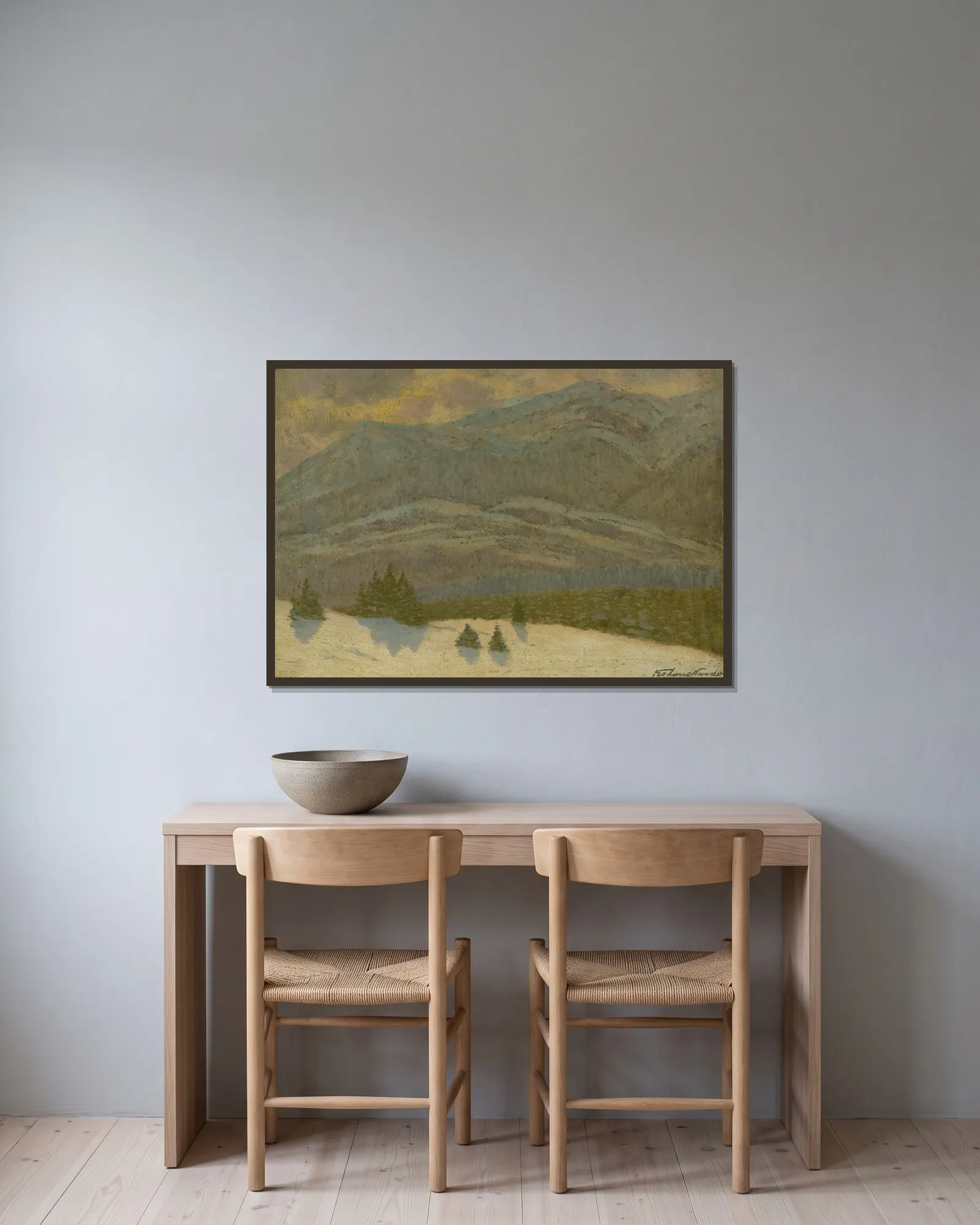 Landscape av Ferdinand Katona inramad på en vägg