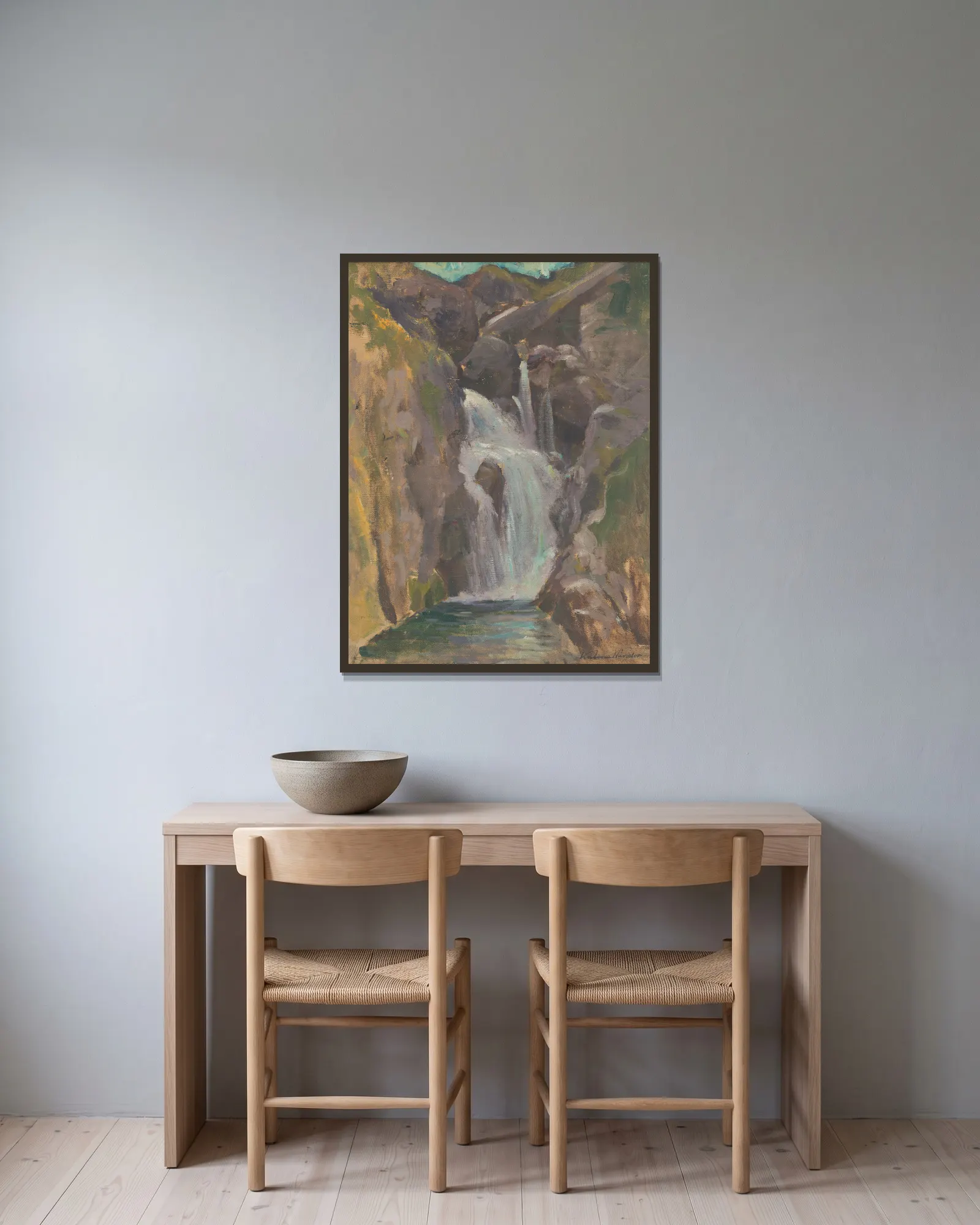 Waterfall av Ferdinand Katona inramad på en vägg