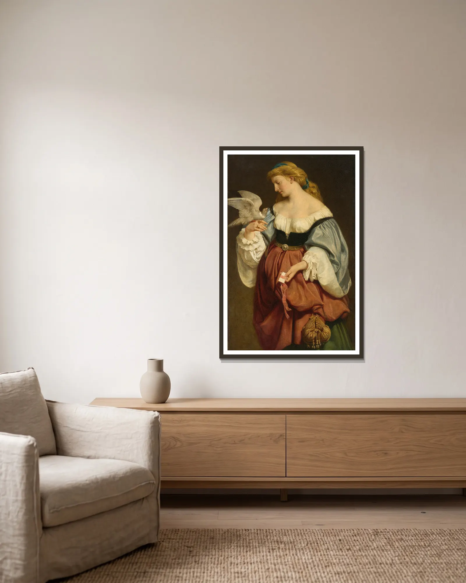 The Carrier Pigeon av Ferdinand Keller inramad på en vägg