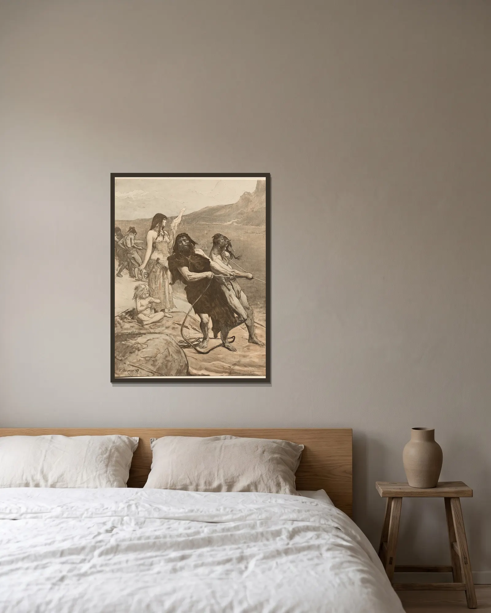 Cité Lacustre av Fernand Cormon inramad på en vägg