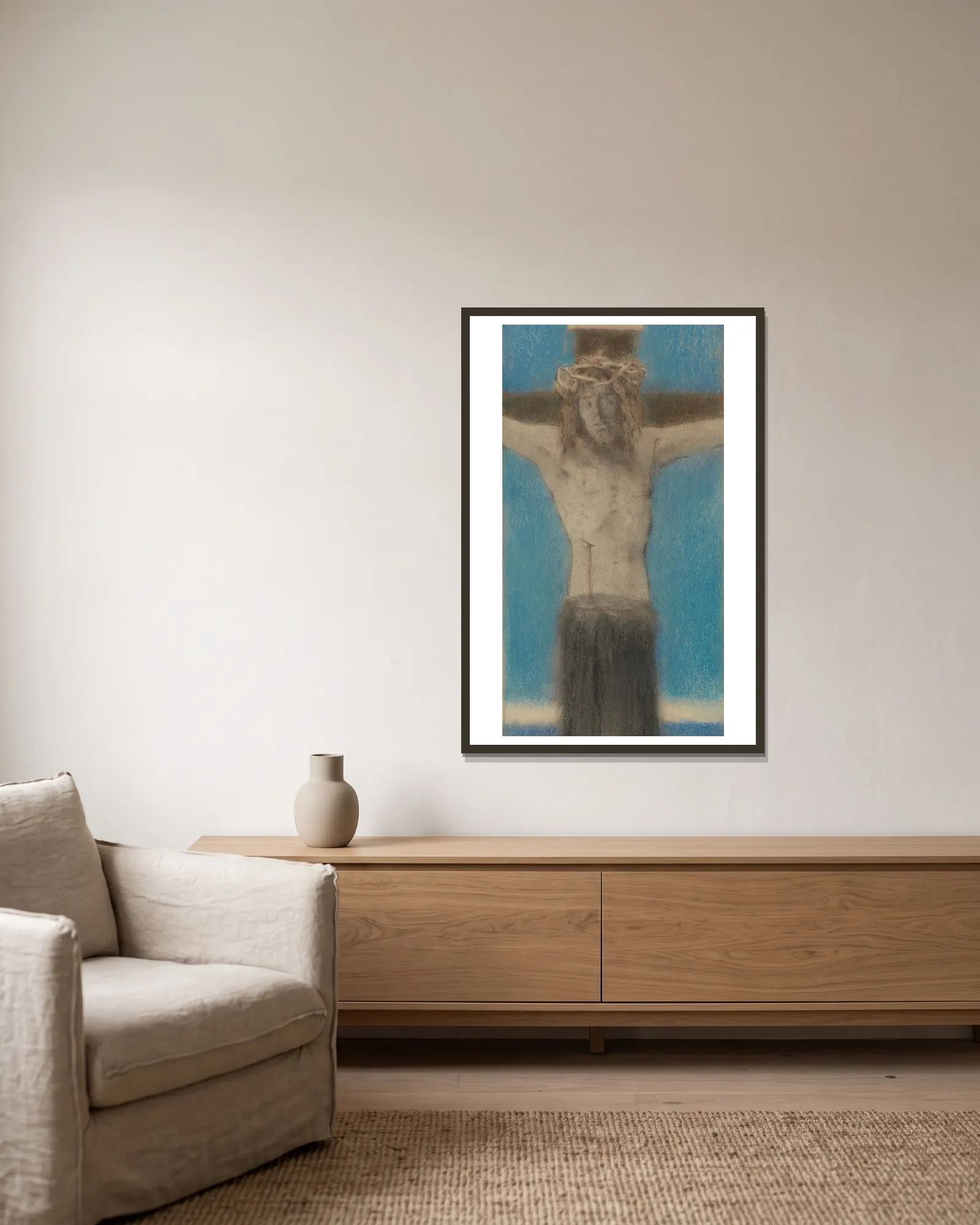 Caritas Aeterna av Fernand Khnopff inramad på en vägg