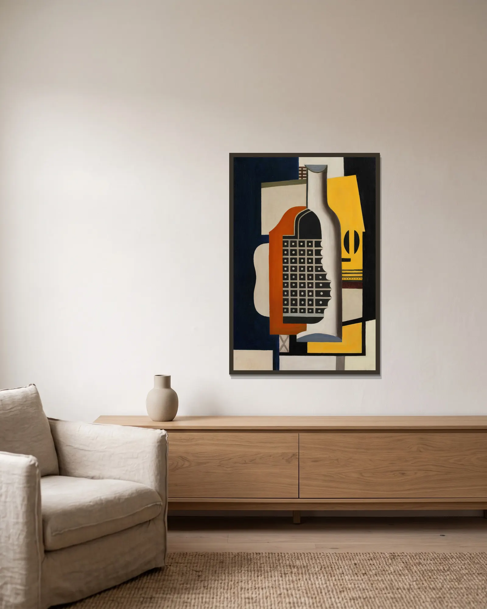 Nature morte à la bouteille av Fernand Léger inramad på en vägg