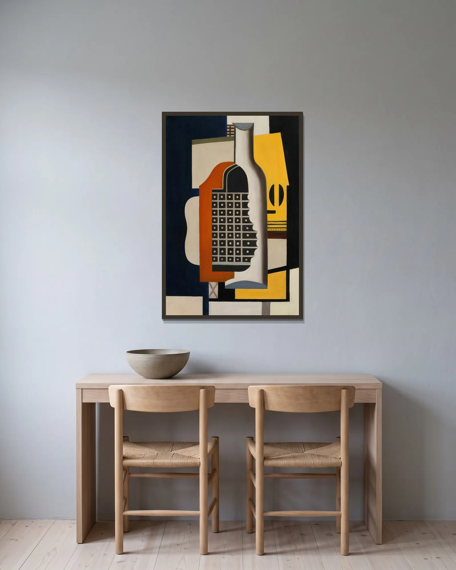Nature morte à la bouteille av Fernand Léger inramad på en vägg
