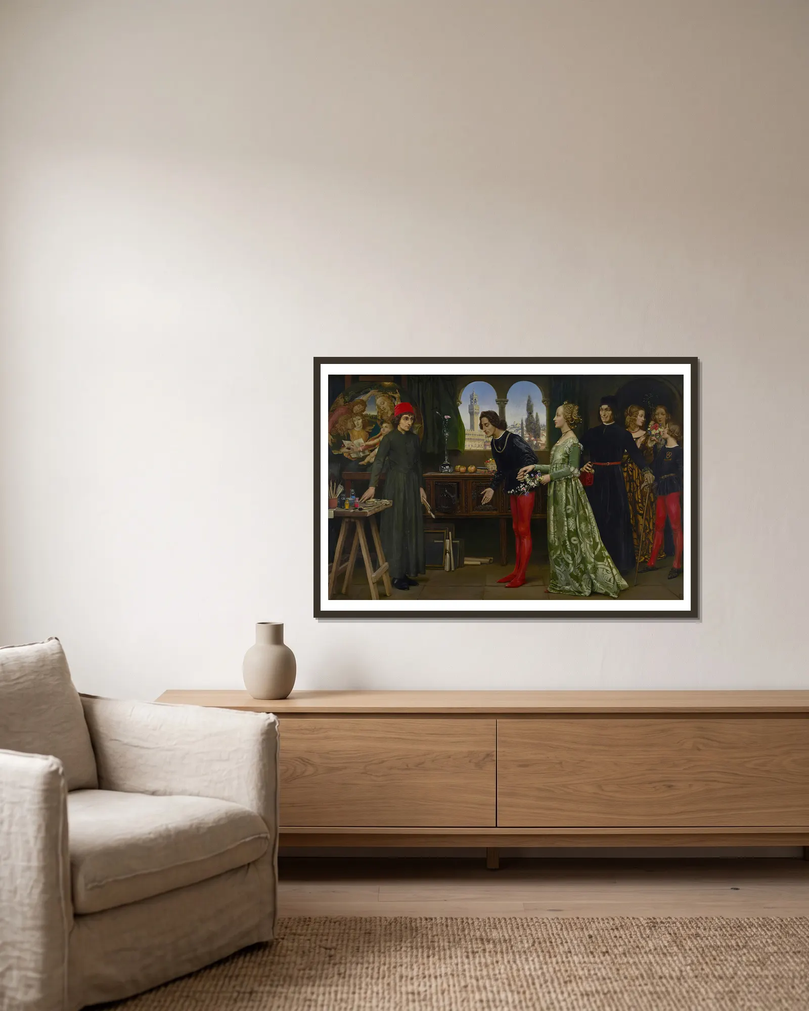 Botticelli’s Studio av Eleanor Fortescue-Brickdale inramad på en vägg