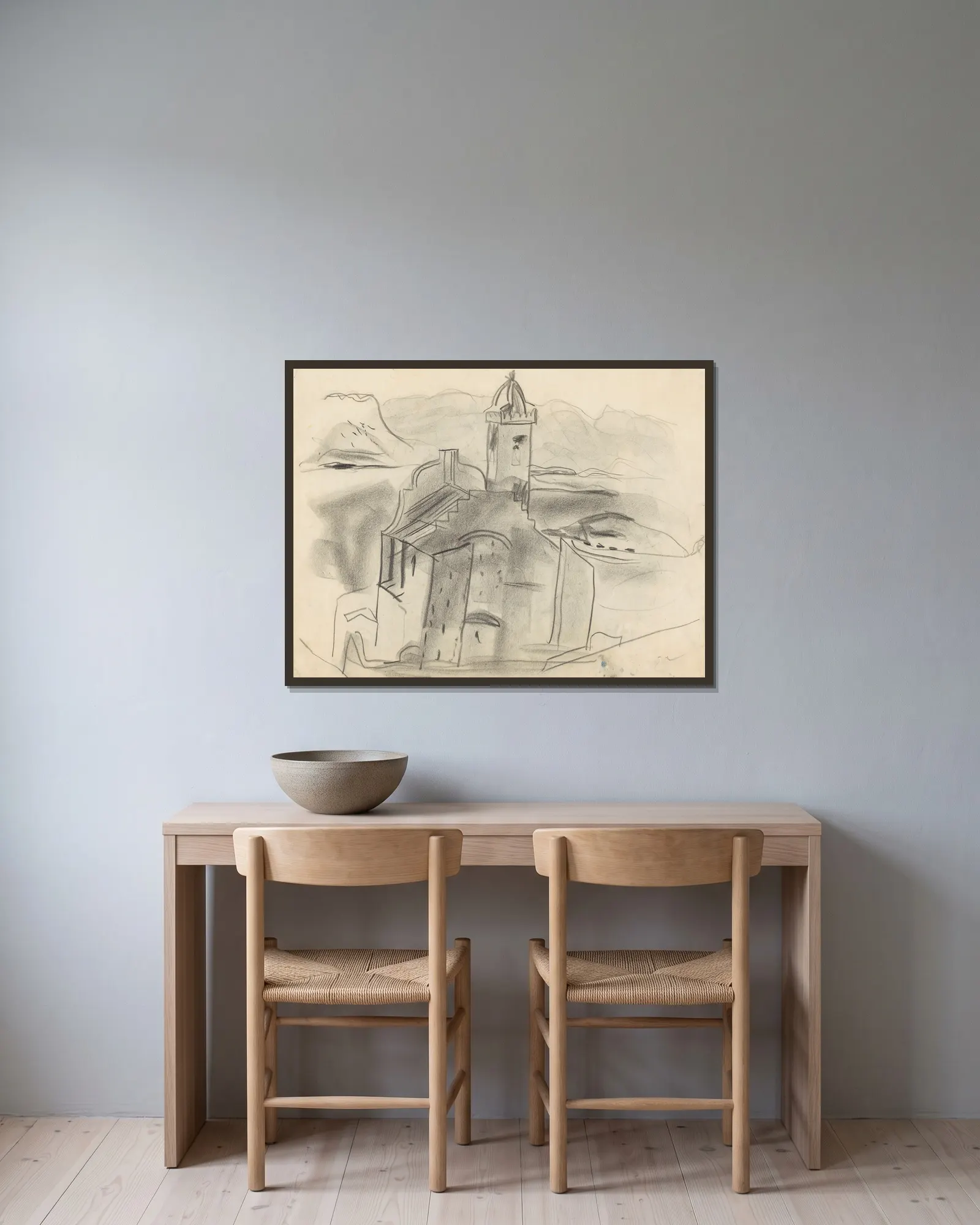 Untitled (Santa Maria de la Neus) av Frances Hodgkins inramad på en vägg