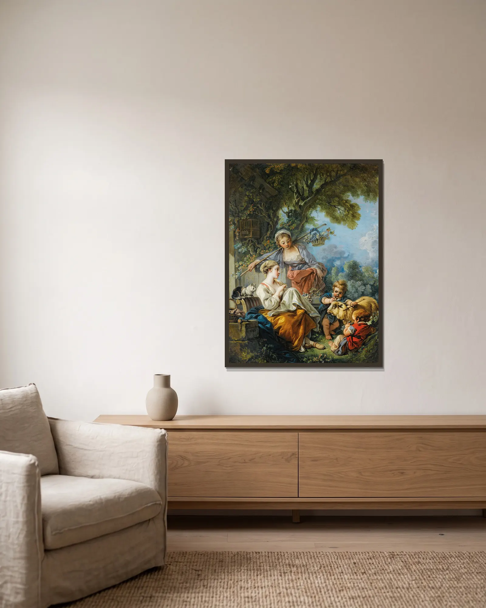 Pastoral Scene av François Boucher inramad på en vägg