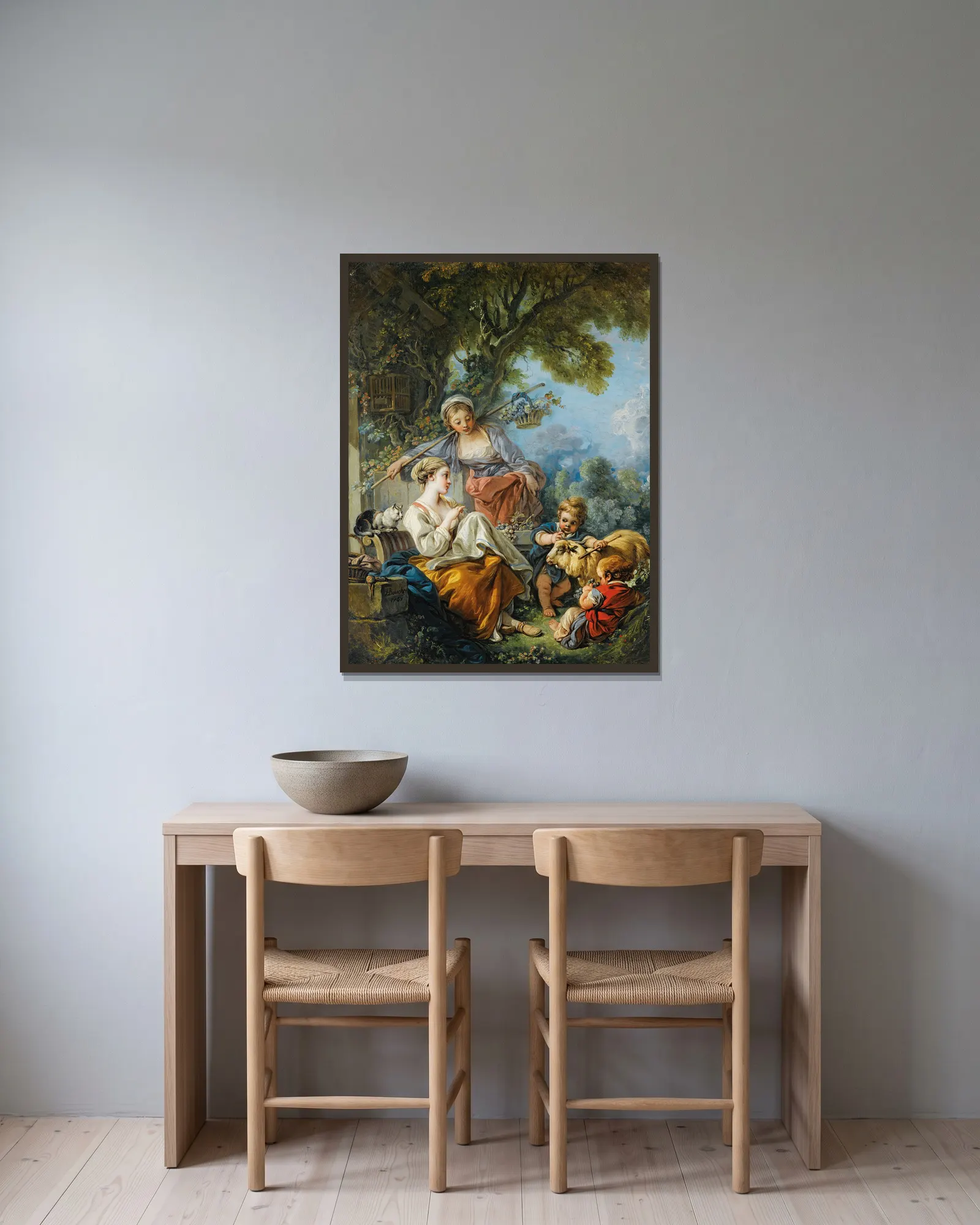 Pastoral Scene av François Boucher inramad på en vägg