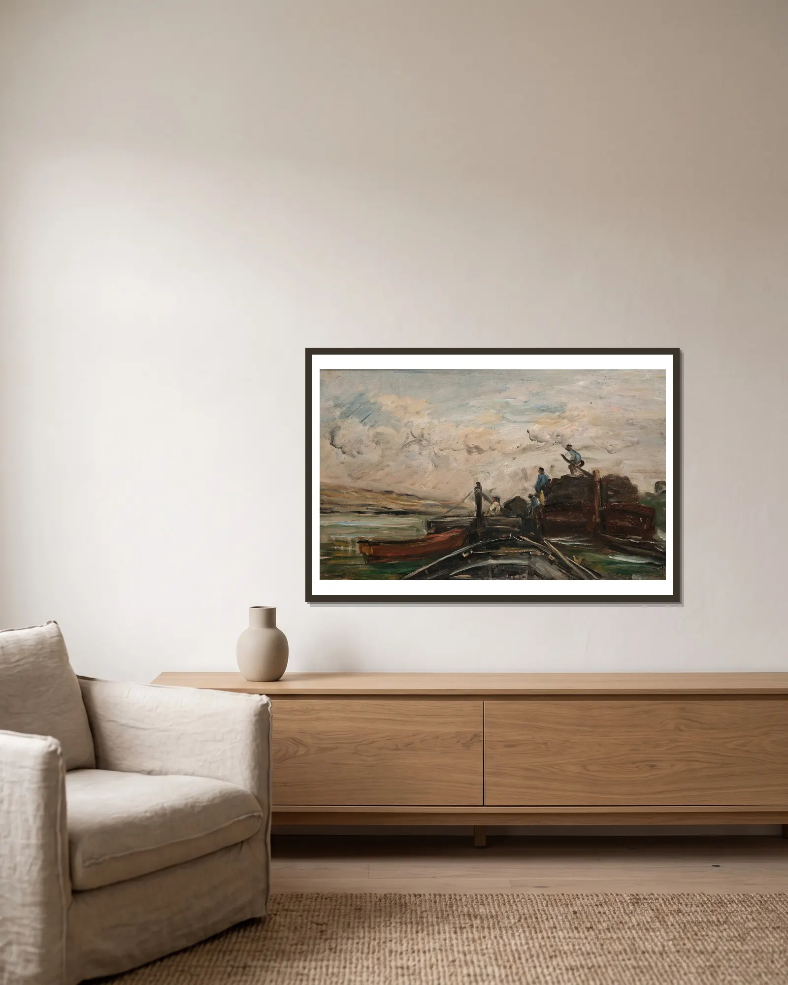 Barges on a River av Charles François Daubigny inramad på en vägg