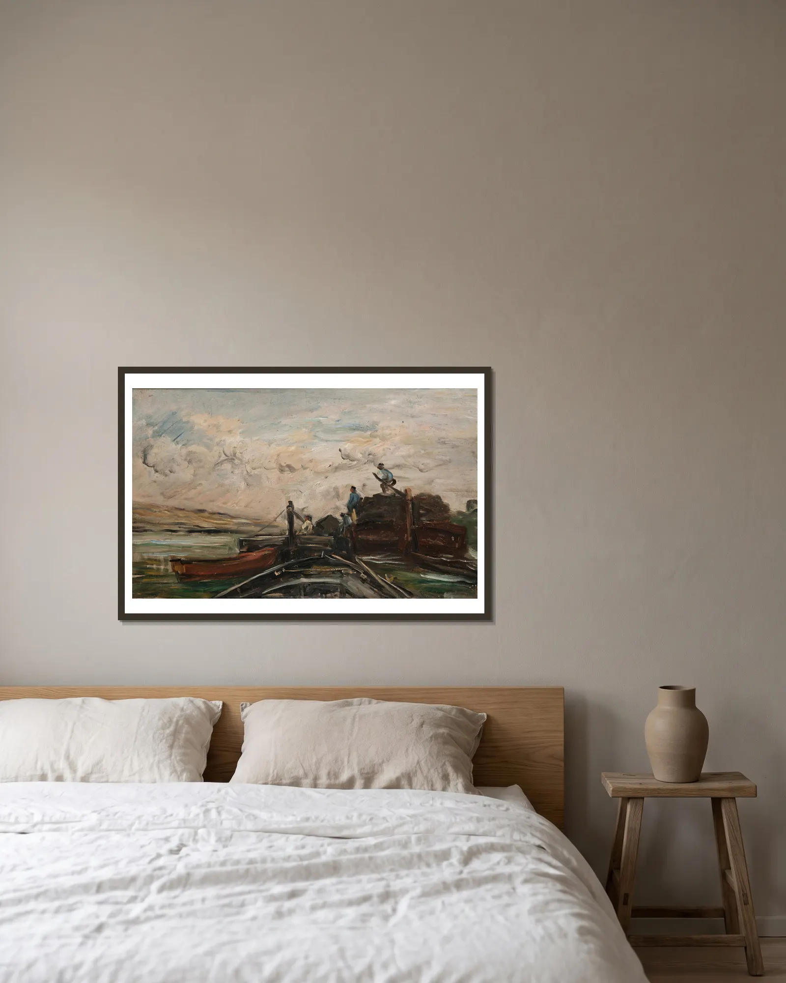 Barges on a River av Charles François Daubigny inramad på en vägg